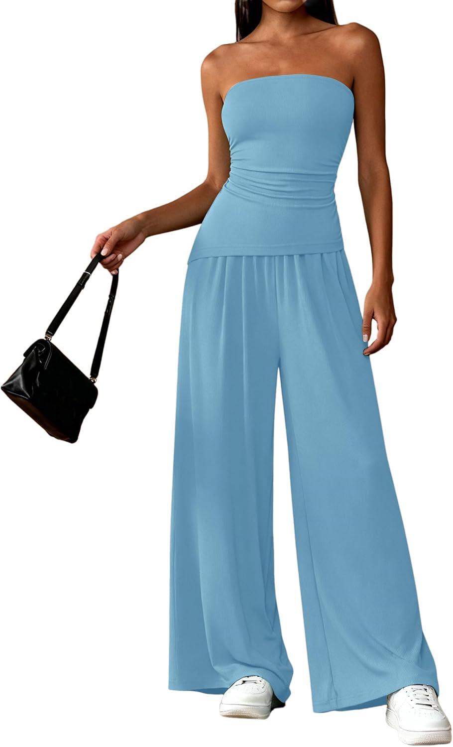 imagePRETTYGARDEN Summer Sets Women 2 Piece Outfits Asymmetrical Tube Tops and Pants Beach Vacation Airport Matching Lounge SetLight Blue