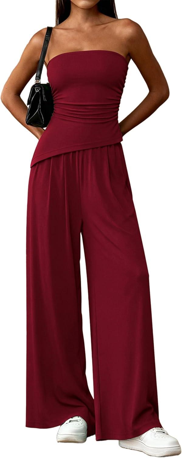 imagePRETTYGARDEN Summer Sets Women 2 Piece Outfits Asymmetrical Tube Tops and Pants Beach Vacation Airport Matching Lounge SetWine Red