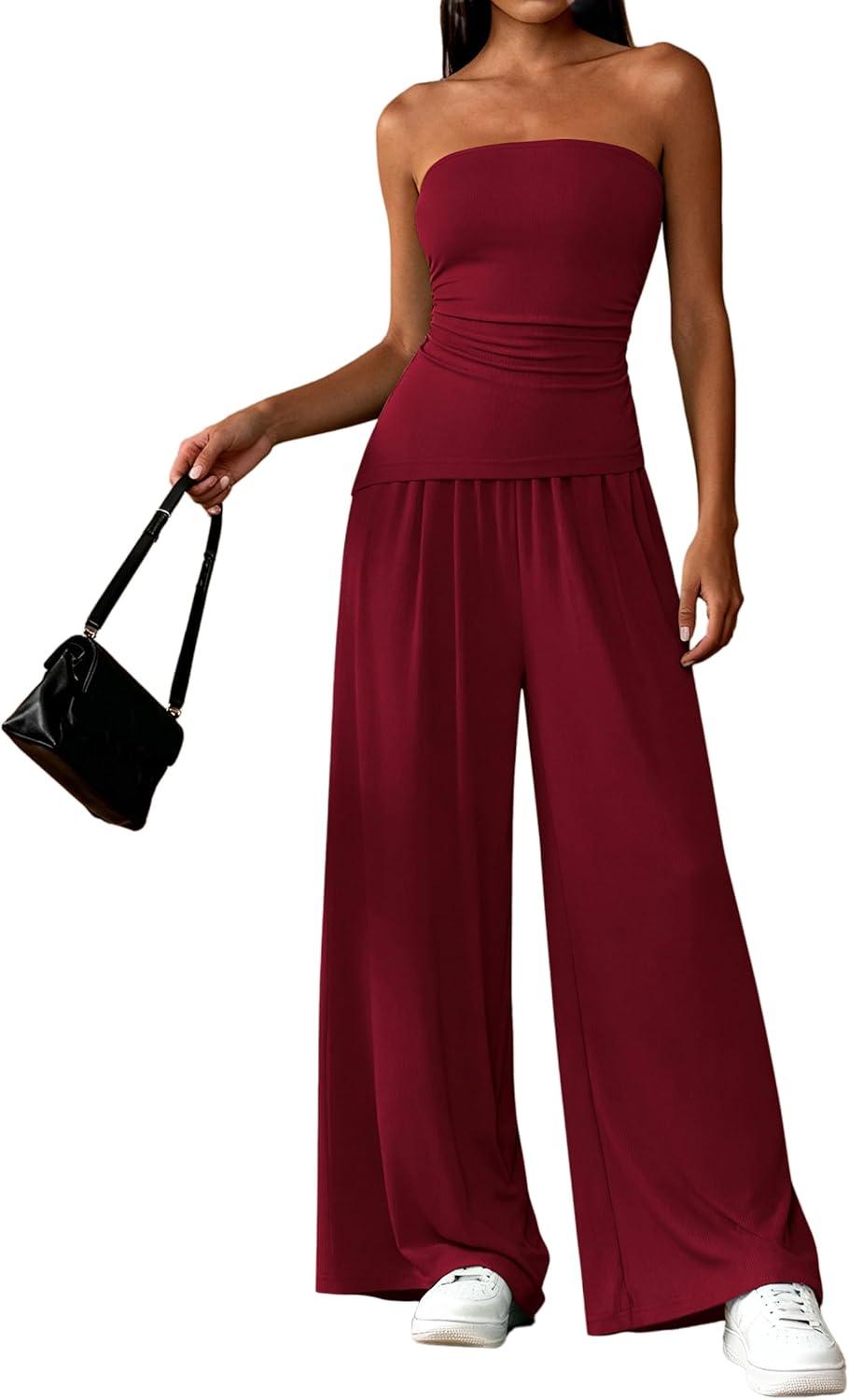 imagePRETTYGARDEN Summer Sets Women 2 Piece Outfits Asymmetrical Tube Tops and Pants Beach Vacation Airport Matching Lounge SetWine Red