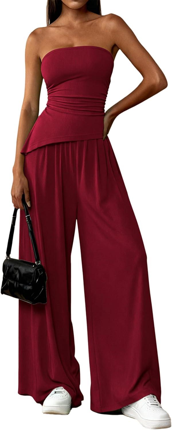 imagePRETTYGARDEN Summer Sets Women 2 Piece Outfits Asymmetrical Tube Tops and Pants Beach Vacation Airport Matching Lounge SetWine Red
