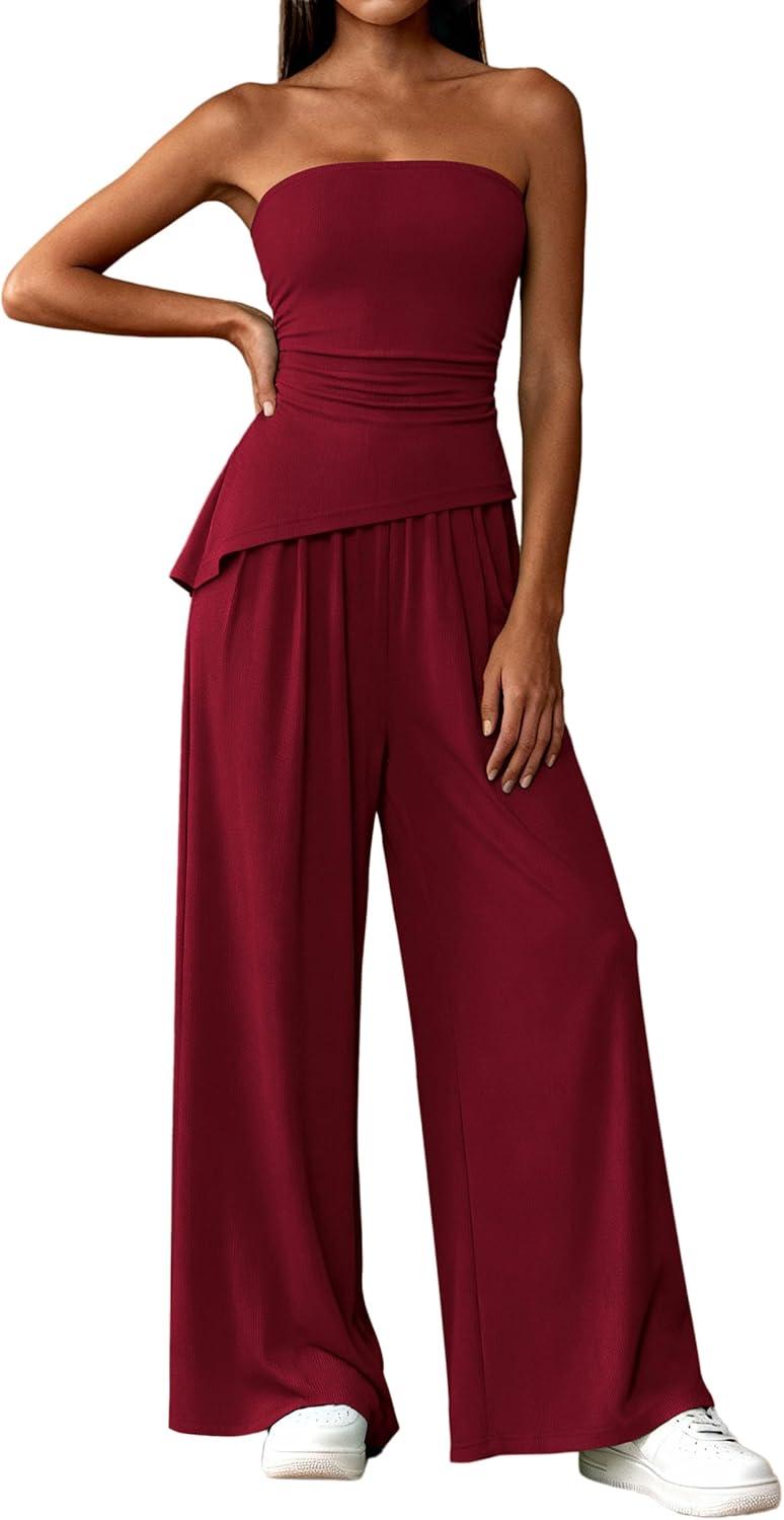 imagePRETTYGARDEN Summer Sets Women 2 Piece Outfits Asymmetrical Tube Tops and Pants Beach Vacation Airport Matching Lounge SetWine Red