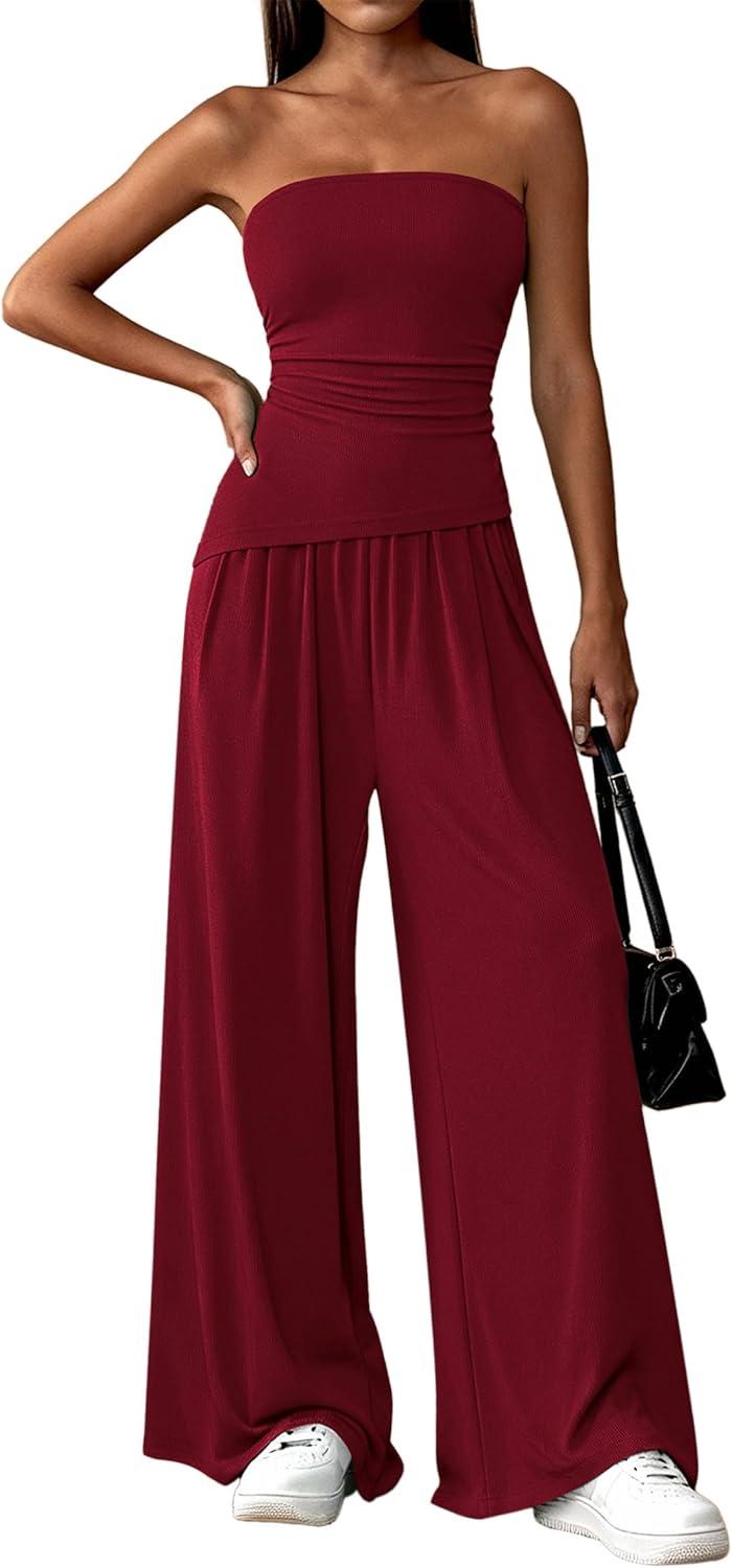 imagePRETTYGARDEN Summer Sets Women 2 Piece Outfits Asymmetrical Tube Tops and Pants Beach Vacation Airport Matching Lounge SetWine Red