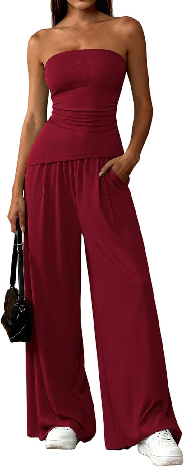 imagePRETTYGARDEN Summer Sets Women 2 Piece Outfits Asymmetrical Tube Tops and Pants Beach Vacation Airport Matching Lounge SetWine Red