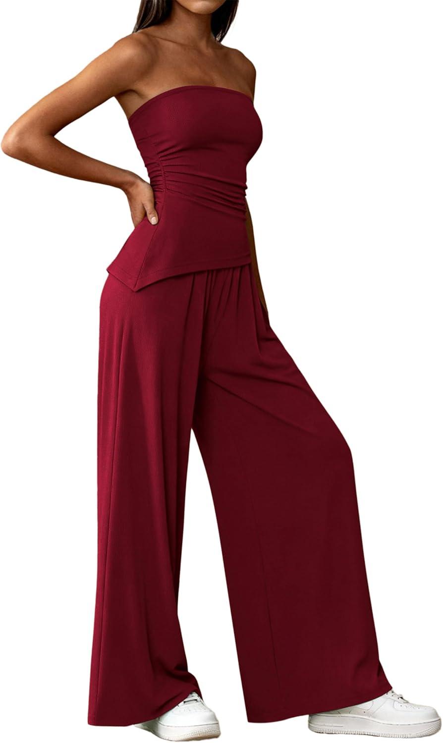 imagePRETTYGARDEN Summer Sets Women 2 Piece Outfits Asymmetrical Tube Tops and Pants Beach Vacation Airport Matching Lounge SetWine Red