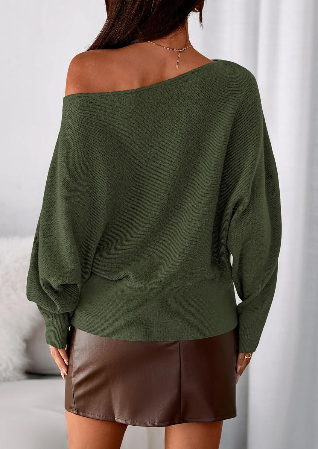 imagePRETTYGARDEN Women Off The Shoulder Sweater 2026 Fall Trendy Long Batwing Sleeve Knit Pullover Going Out Tops Winter ClothingArmy Green