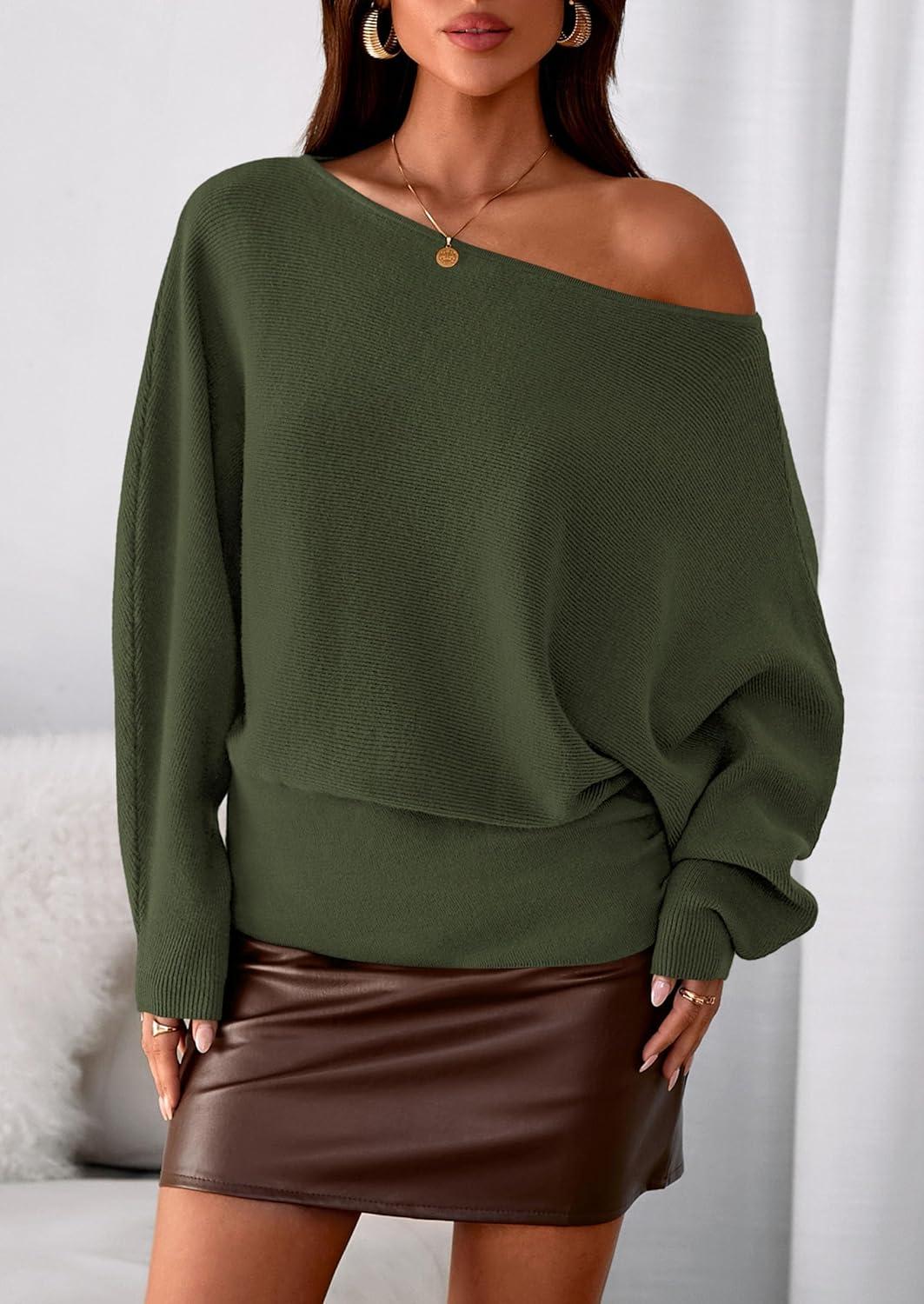 imagePRETTYGARDEN Women Off The Shoulder Sweater 2026 Fall Trendy Long Batwing Sleeve Knit Pullover Going Out Tops Winter ClothingArmy Green