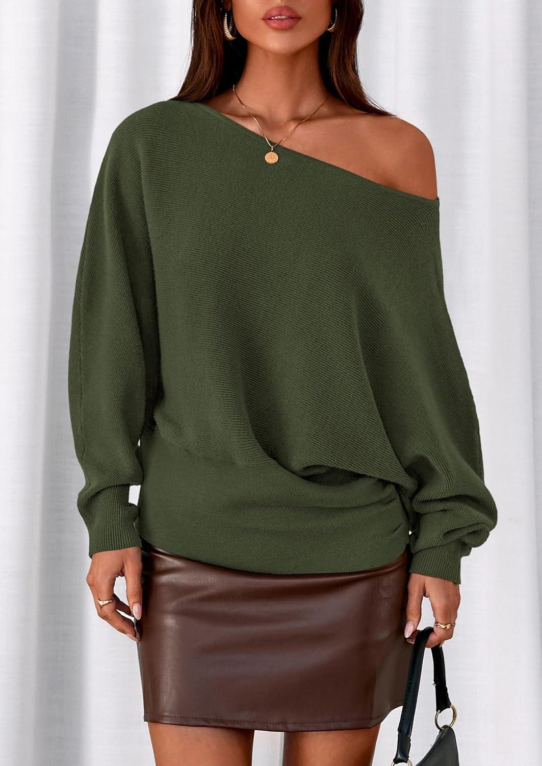 imagePRETTYGARDEN Women Off The Shoulder Sweater 2026 Fall Trendy Long Batwing Sleeve Knit Pullover Going Out Tops Winter ClothingArmy Green