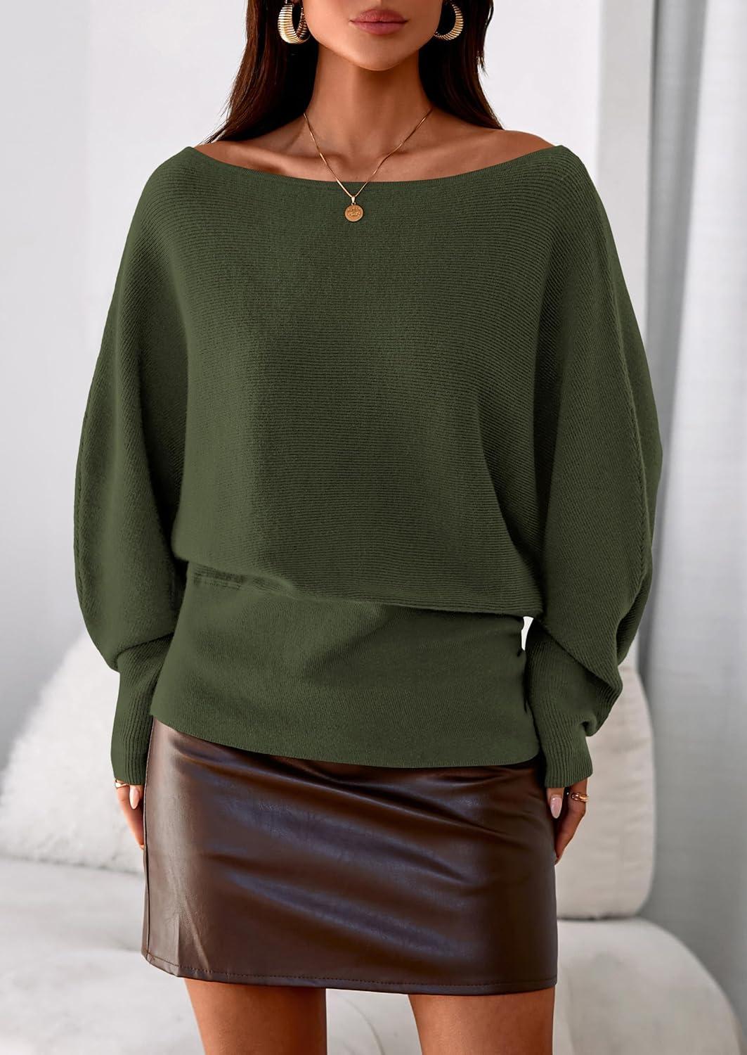 imagePRETTYGARDEN Women Off The Shoulder Sweater 2026 Fall Trendy Long Batwing Sleeve Knit Pullover Going Out Tops Winter ClothingArmy Green