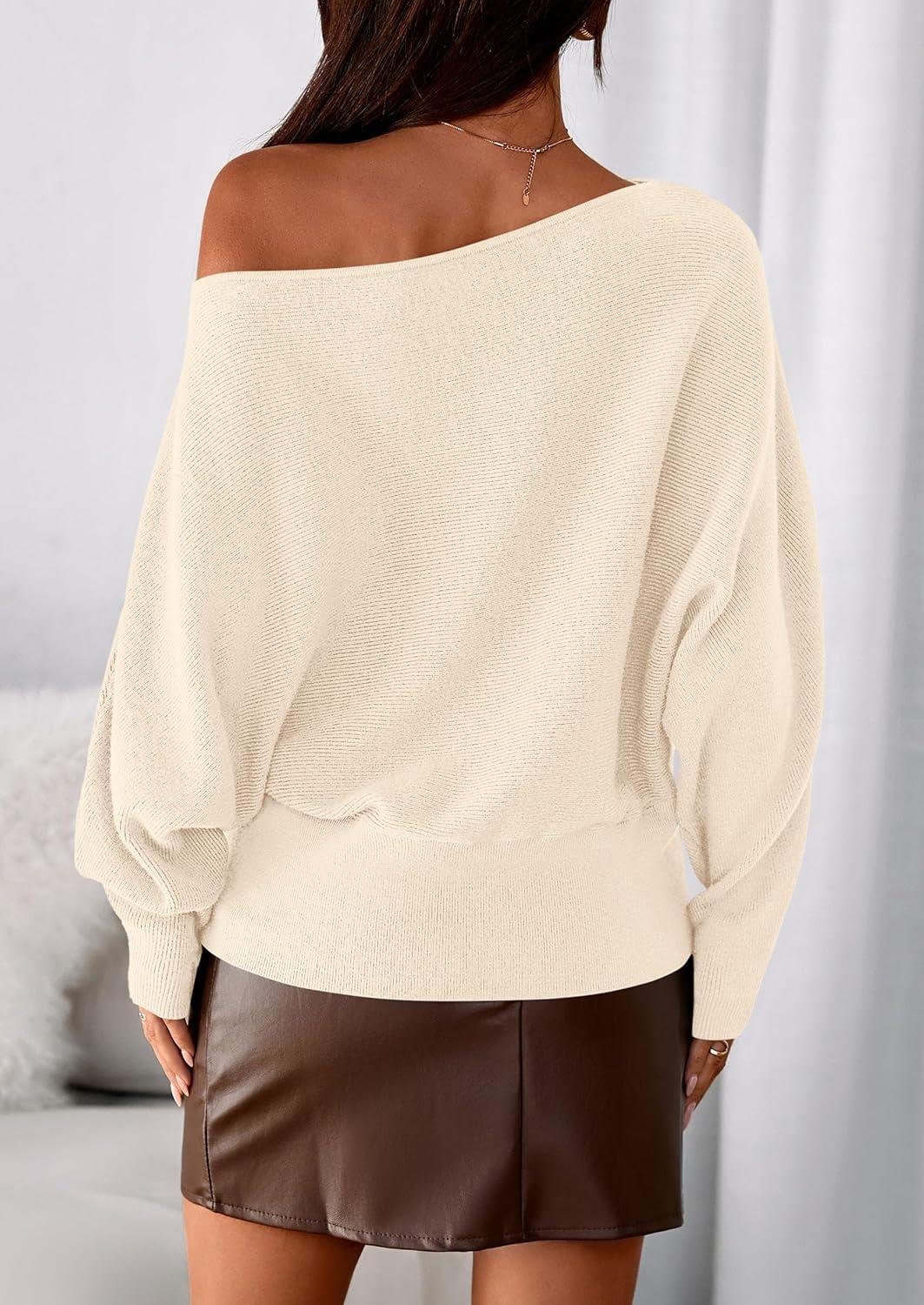 imagePRETTYGARDEN Women Off The Shoulder Sweater 2026 Fall Trendy Long Batwing Sleeve Knit Pullover Going Out Tops Winter ClothingBeige