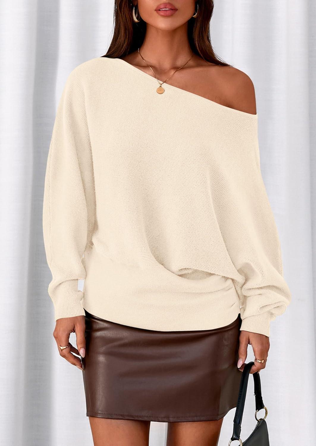 imagePRETTYGARDEN Women Off The Shoulder Sweater 2026 Fall Trendy Long Batwing Sleeve Knit Pullover Going Out Tops Winter ClothingBeige