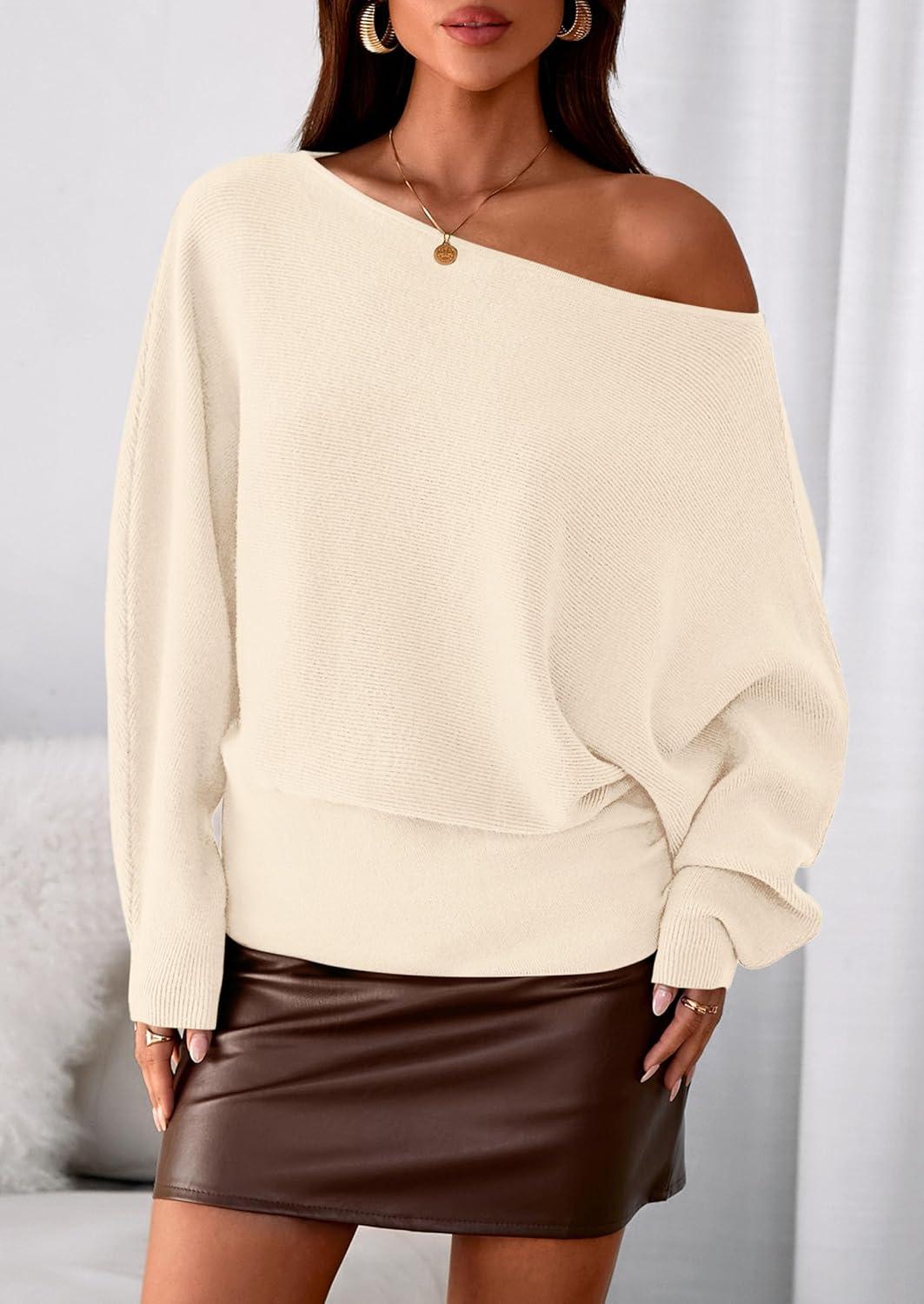 imagePRETTYGARDEN Women Off The Shoulder Sweater 2026 Fall Trendy Long Batwing Sleeve Knit Pullover Going Out Tops Winter ClothingBeige