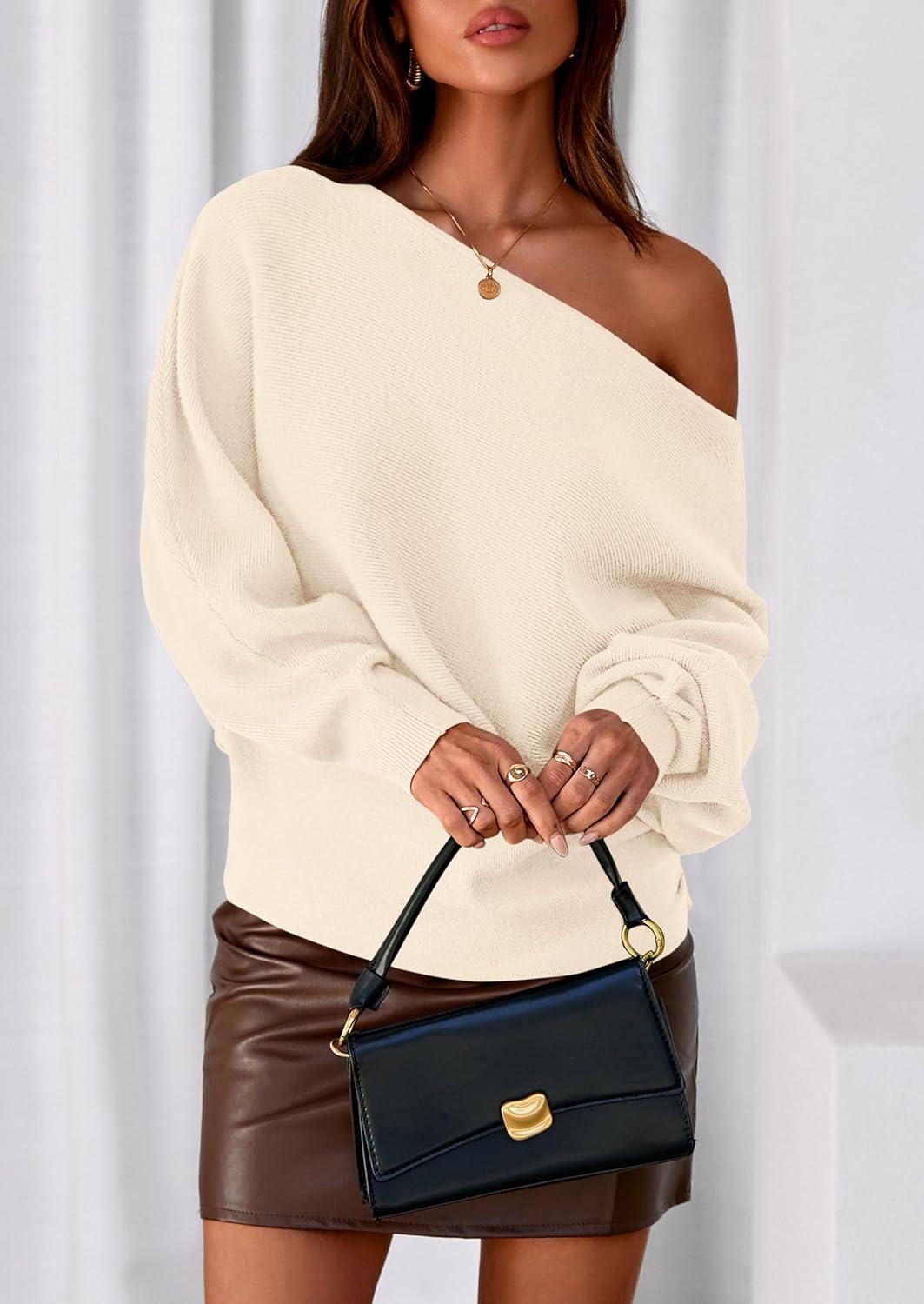 imagePRETTYGARDEN Women Off The Shoulder Sweater 2026 Fall Trendy Long Batwing Sleeve Knit Pullover Going Out Tops Winter ClothingBeige