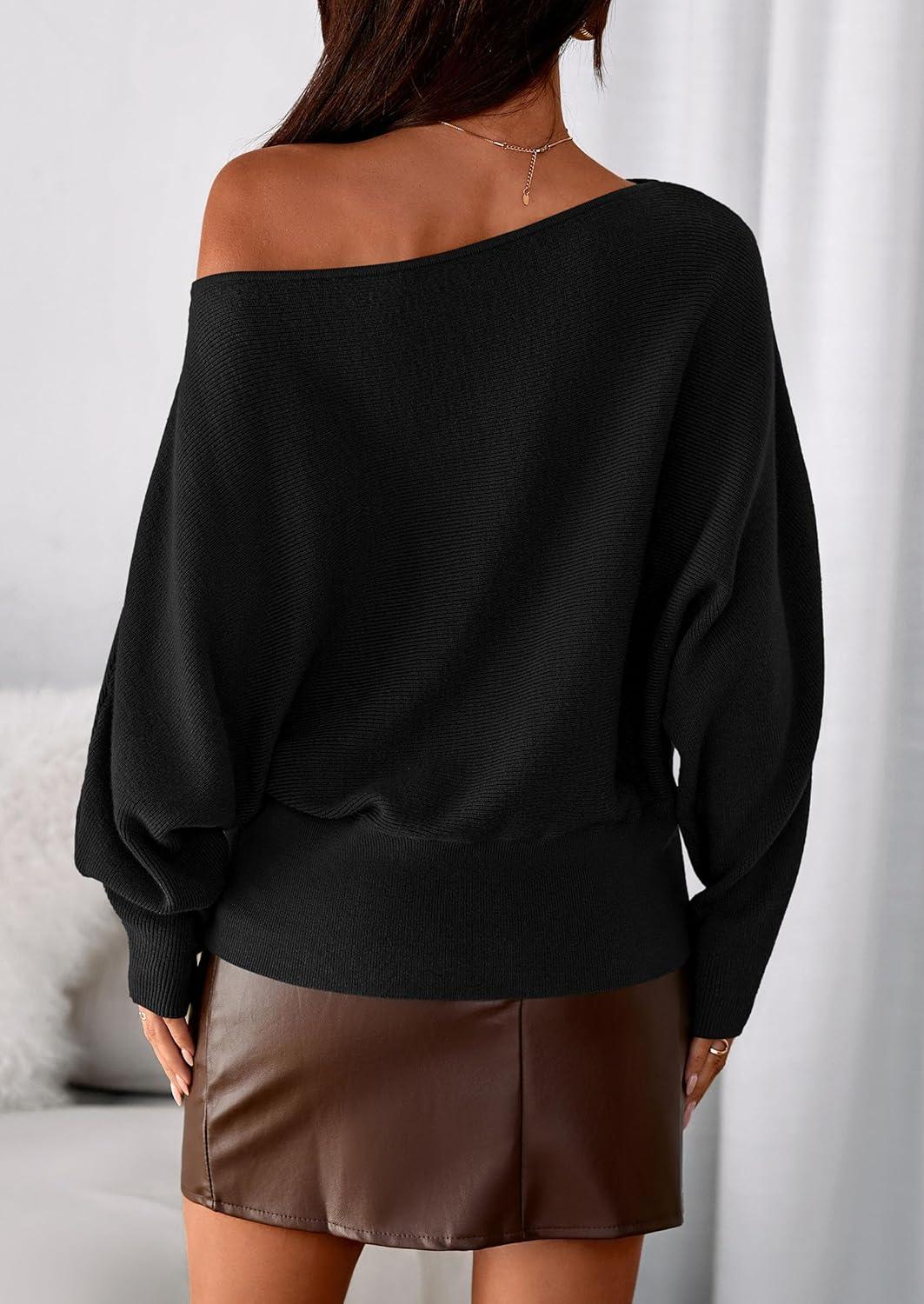 imagePRETTYGARDEN Women Off The Shoulder Sweater 2026 Fall Trendy Long Batwing Sleeve Knit Pullover Going Out Tops Winter ClothingBlack
