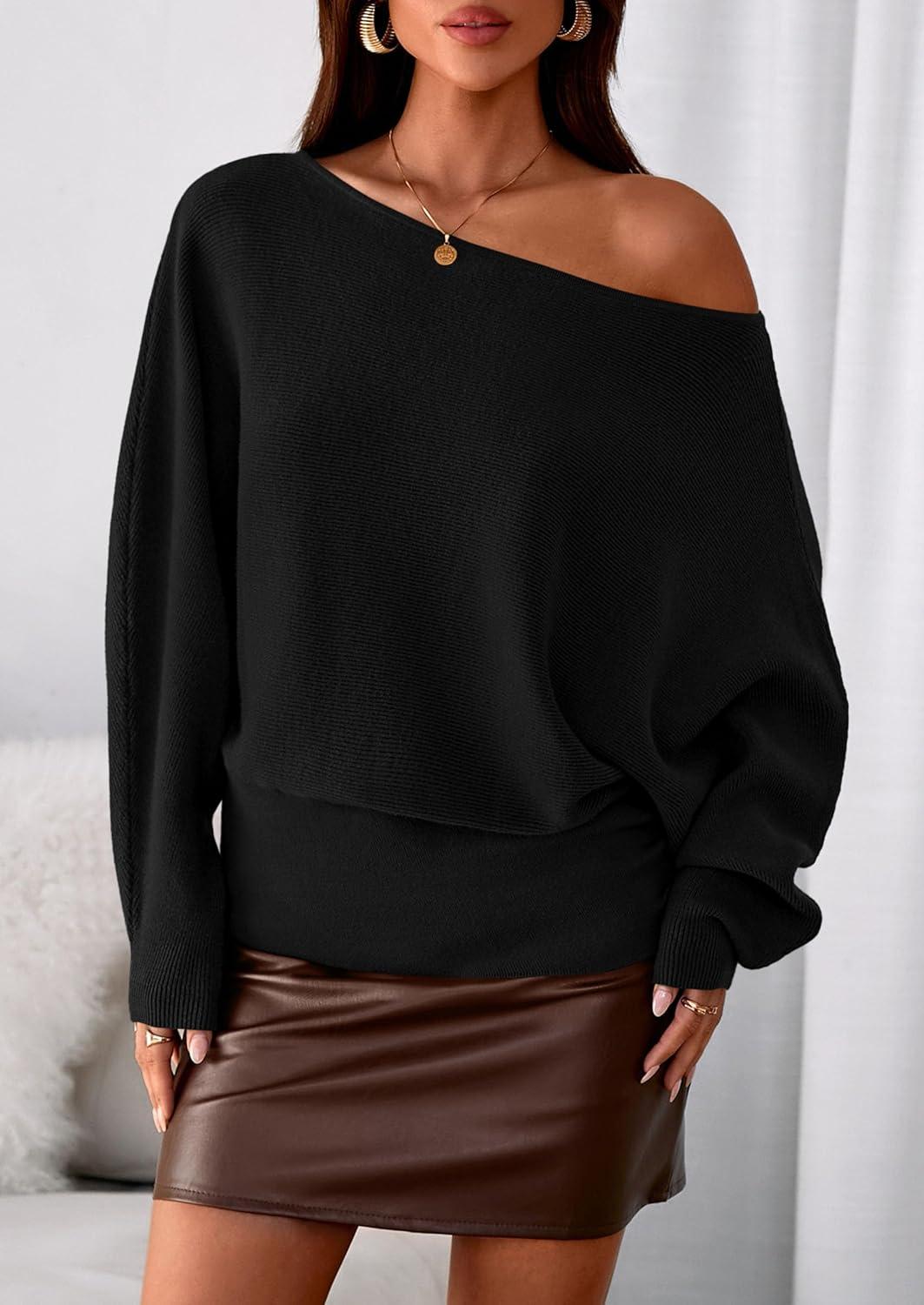 imagePRETTYGARDEN Women Off The Shoulder Sweater 2026 Fall Trendy Long Batwing Sleeve Knit Pullover Going Out Tops Winter ClothingBlack