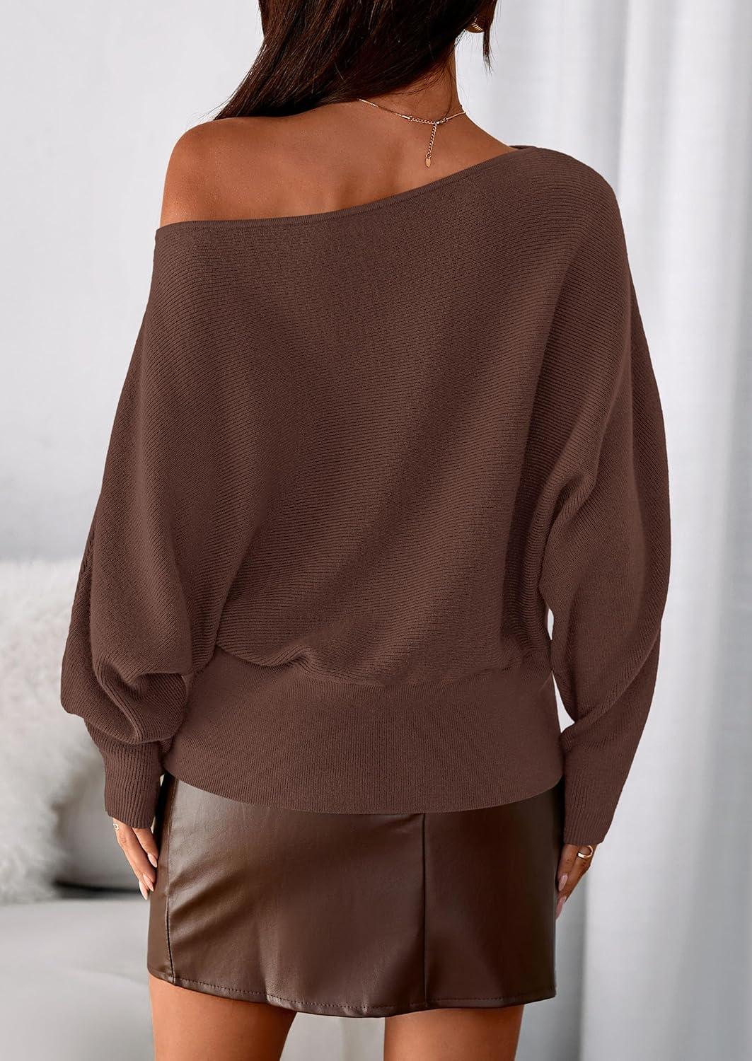 imagePRETTYGARDEN Women Off The Shoulder Sweater 2026 Fall Trendy Long Batwing Sleeve Knit Pullover Going Out Tops Winter ClothingBrown
