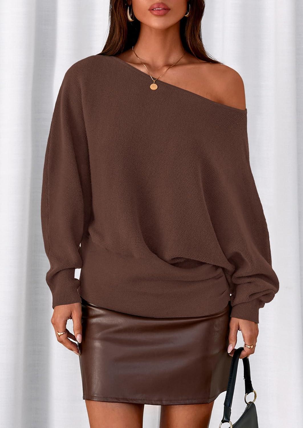 imagePRETTYGARDEN Women Off The Shoulder Sweater 2026 Fall Trendy Long Batwing Sleeve Knit Pullover Going Out Tops Winter ClothingBrown