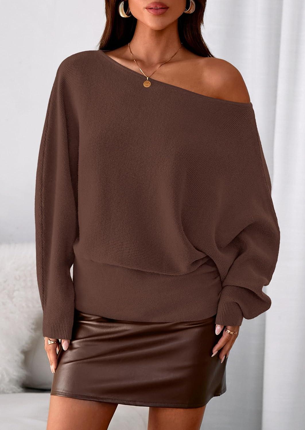 imagePRETTYGARDEN Women Off The Shoulder Sweater 2026 Fall Trendy Long Batwing Sleeve Knit Pullover Going Out Tops Winter ClothingBrown