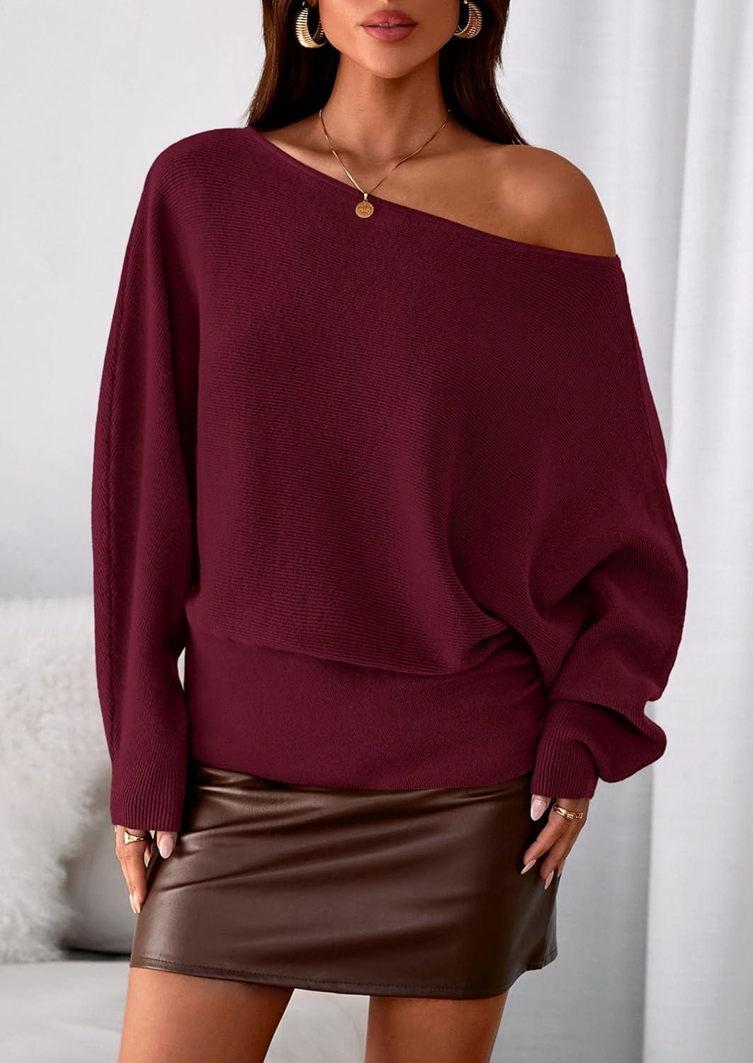 imagePRETTYGARDEN Women Off The Shoulder Sweater 2026 Fall Trendy Long Batwing Sleeve Knit Pullover Going Out Tops Winter ClothingBurgundy