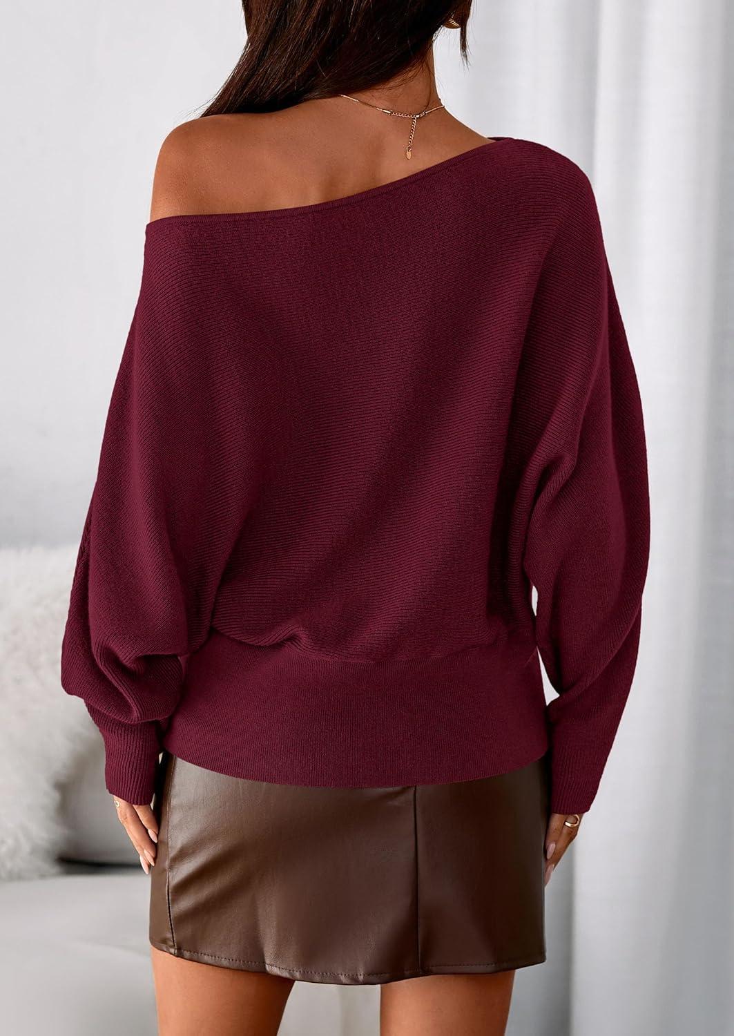 imagePRETTYGARDEN Women Off The Shoulder Sweater 2026 Fall Trendy Long Batwing Sleeve Knit Pullover Going Out Tops Winter ClothingBurgundy