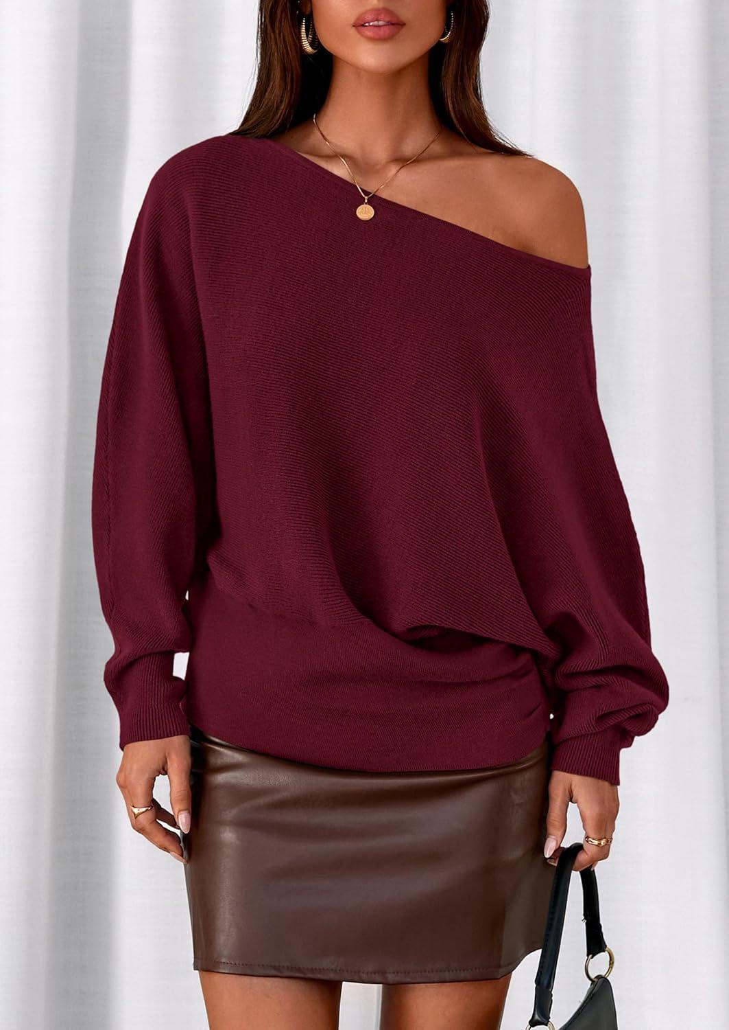 imagePRETTYGARDEN Women Off The Shoulder Sweater 2026 Fall Trendy Long Batwing Sleeve Knit Pullover Going Out Tops Winter ClothingBurgundy