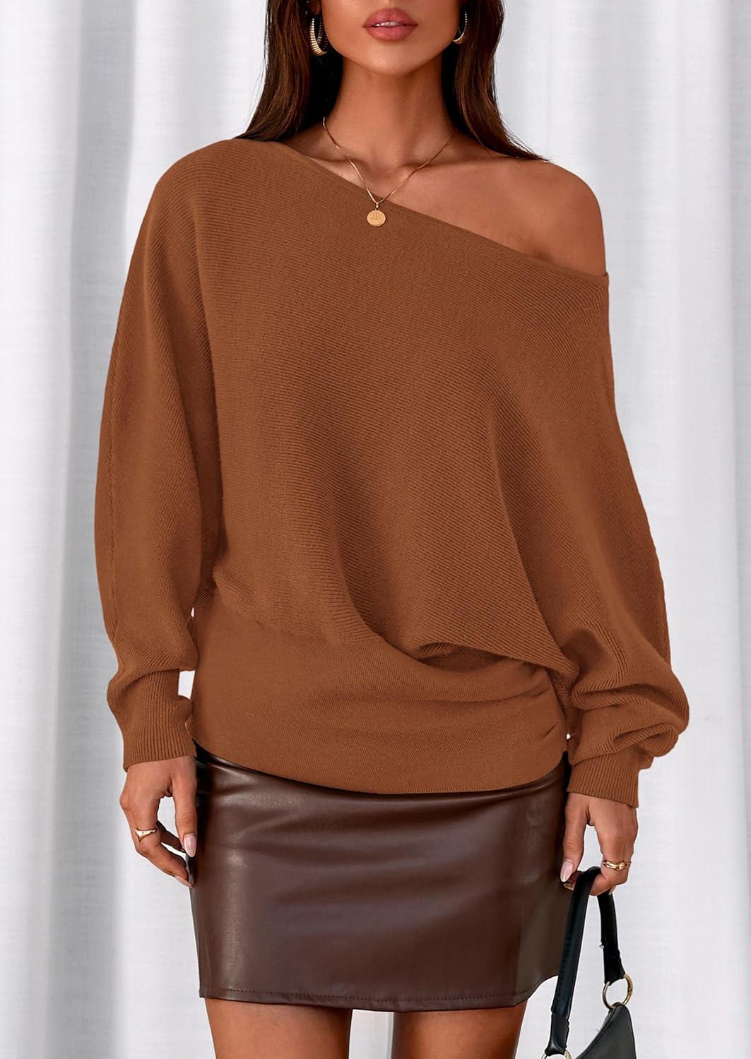 imagePRETTYGARDEN Women Off The Shoulder Sweater 2026 Fall Trendy Long Batwing Sleeve Knit Pullover Going Out Tops Winter ClothingCaramel