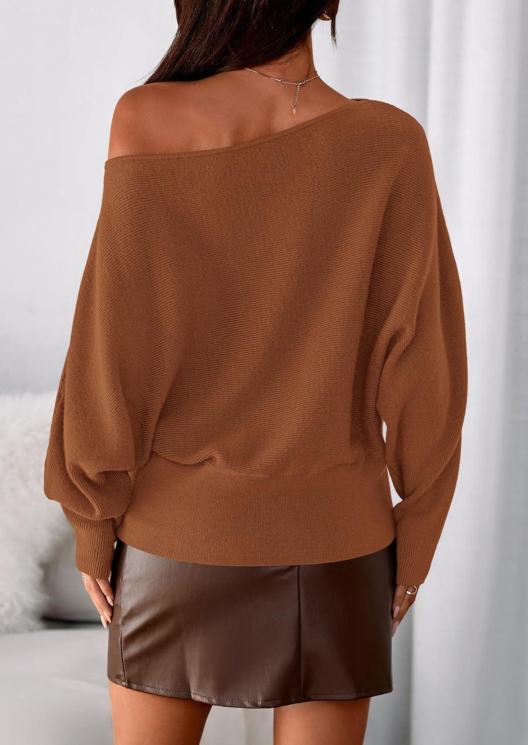 imagePRETTYGARDEN Women Off The Shoulder Sweater 2026 Fall Trendy Long Batwing Sleeve Knit Pullover Going Out Tops Winter ClothingCaramel