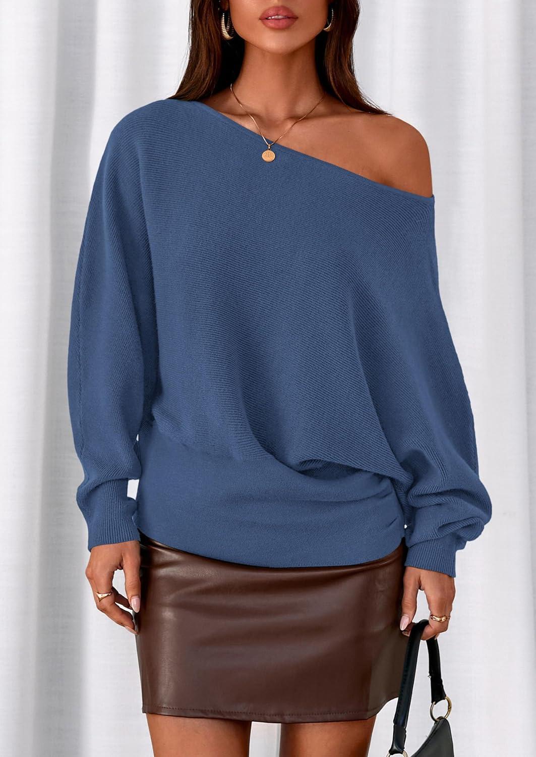 imagePRETTYGARDEN Women Off The Shoulder Sweater 2026 Fall Trendy Long Batwing Sleeve Knit Pullover Going Out Tops Winter ClothingDark Blue