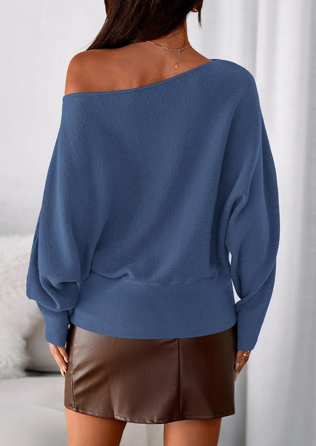 imagePRETTYGARDEN Women Off The Shoulder Sweater 2026 Fall Trendy Long Batwing Sleeve Knit Pullover Going Out Tops Winter ClothingDark Blue