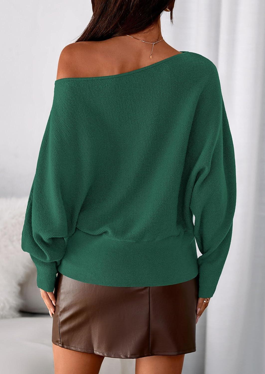 imagePRETTYGARDEN Women Off The Shoulder Sweater 2026 Fall Trendy Long Batwing Sleeve Knit Pullover Going Out Tops Winter ClothingGreen