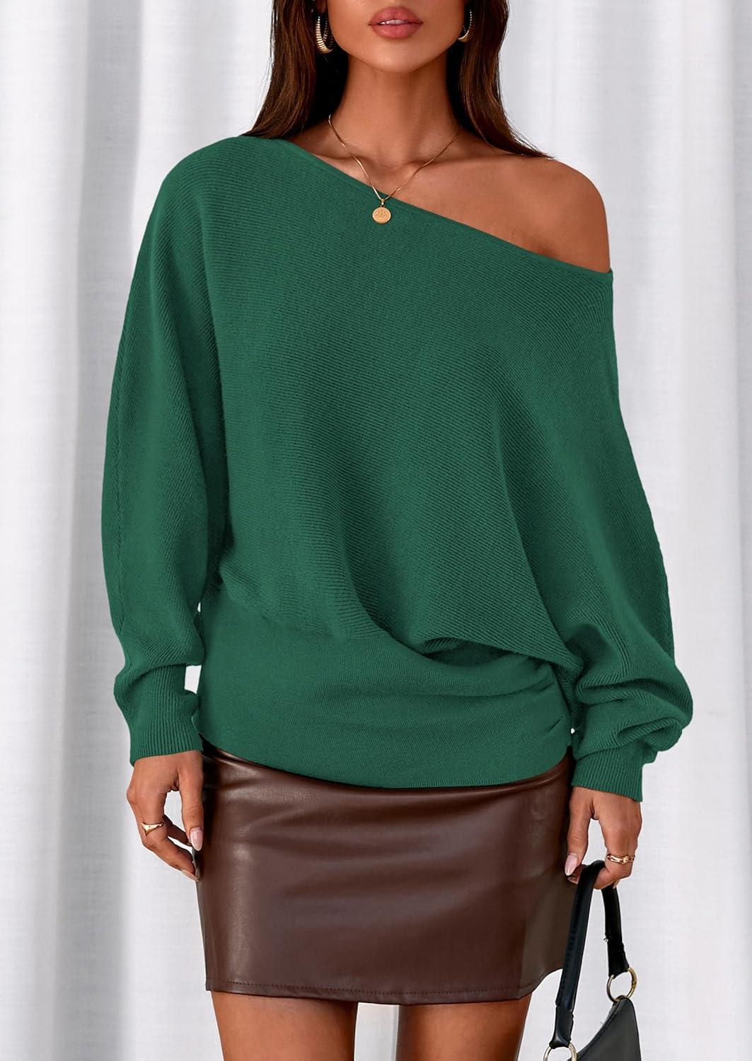 imagePRETTYGARDEN Women Off The Shoulder Sweater 2026 Fall Trendy Long Batwing Sleeve Knit Pullover Going Out Tops Winter ClothingGreen