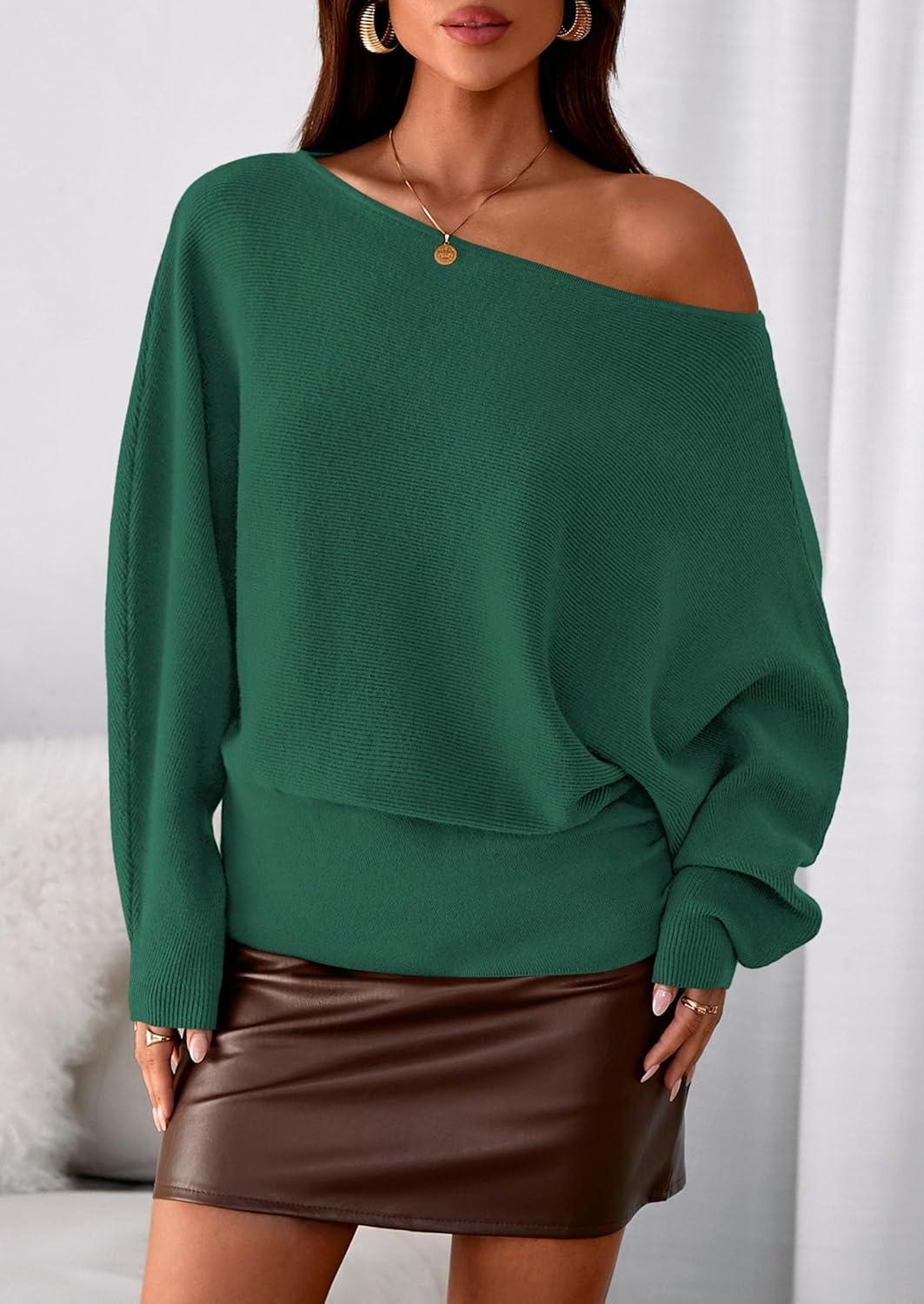 imagePRETTYGARDEN Women Off The Shoulder Sweater 2026 Fall Trendy Long Batwing Sleeve Knit Pullover Going Out Tops Winter ClothingGreen