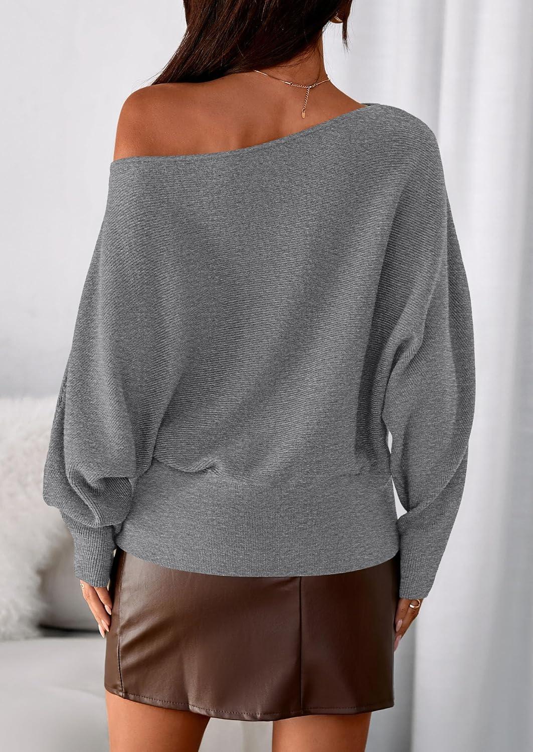 imagePRETTYGARDEN Women Off The Shoulder Sweater 2026 Fall Trendy Long Batwing Sleeve Knit Pullover Going Out Tops Winter ClothingGrey