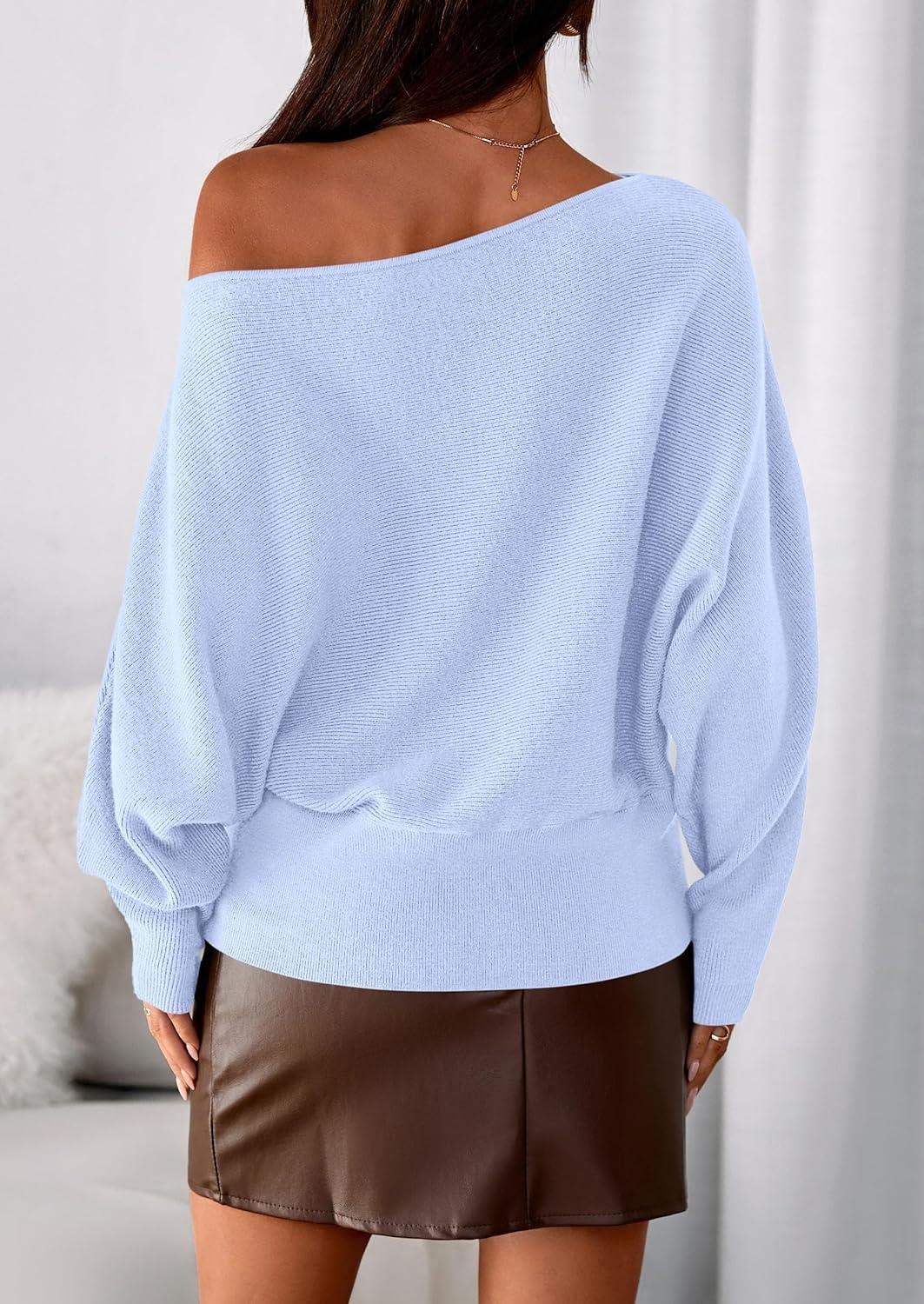 imagePRETTYGARDEN Women Off The Shoulder Sweater 2026 Fall Trendy Long Batwing Sleeve Knit Pullover Going Out Tops Winter ClothingLight Blue