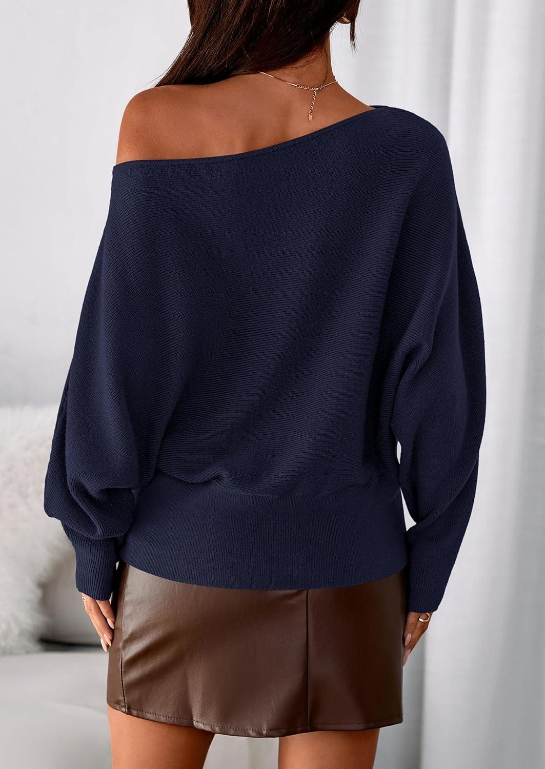 imagePRETTYGARDEN Women Off The Shoulder Sweater 2026 Fall Trendy Long Batwing Sleeve Knit Pullover Going Out Tops Winter ClothingNavy Blue