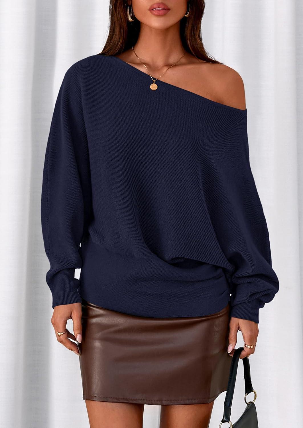 imagePRETTYGARDEN Women Off The Shoulder Sweater 2026 Fall Trendy Long Batwing Sleeve Knit Pullover Going Out Tops Winter ClothingNavy Blue