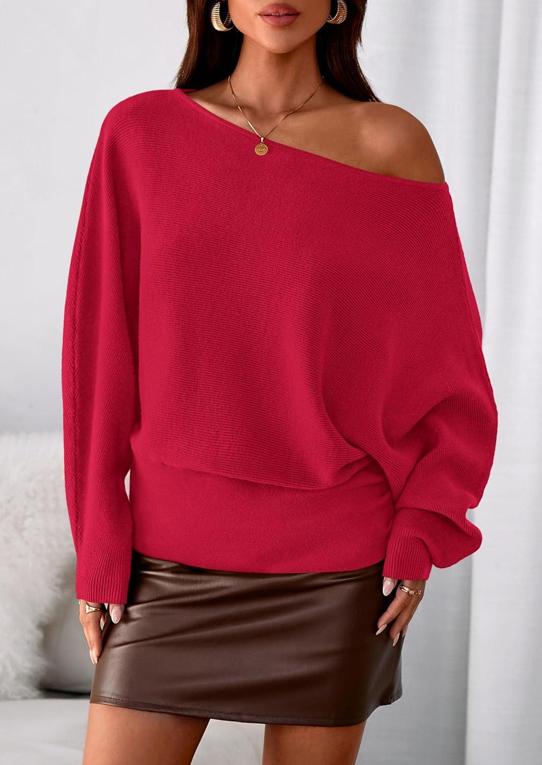imagePRETTYGARDEN Women Off The Shoulder Sweater 2026 Fall Trendy Long Batwing Sleeve Knit Pullover Going Out Tops Winter ClothingRed