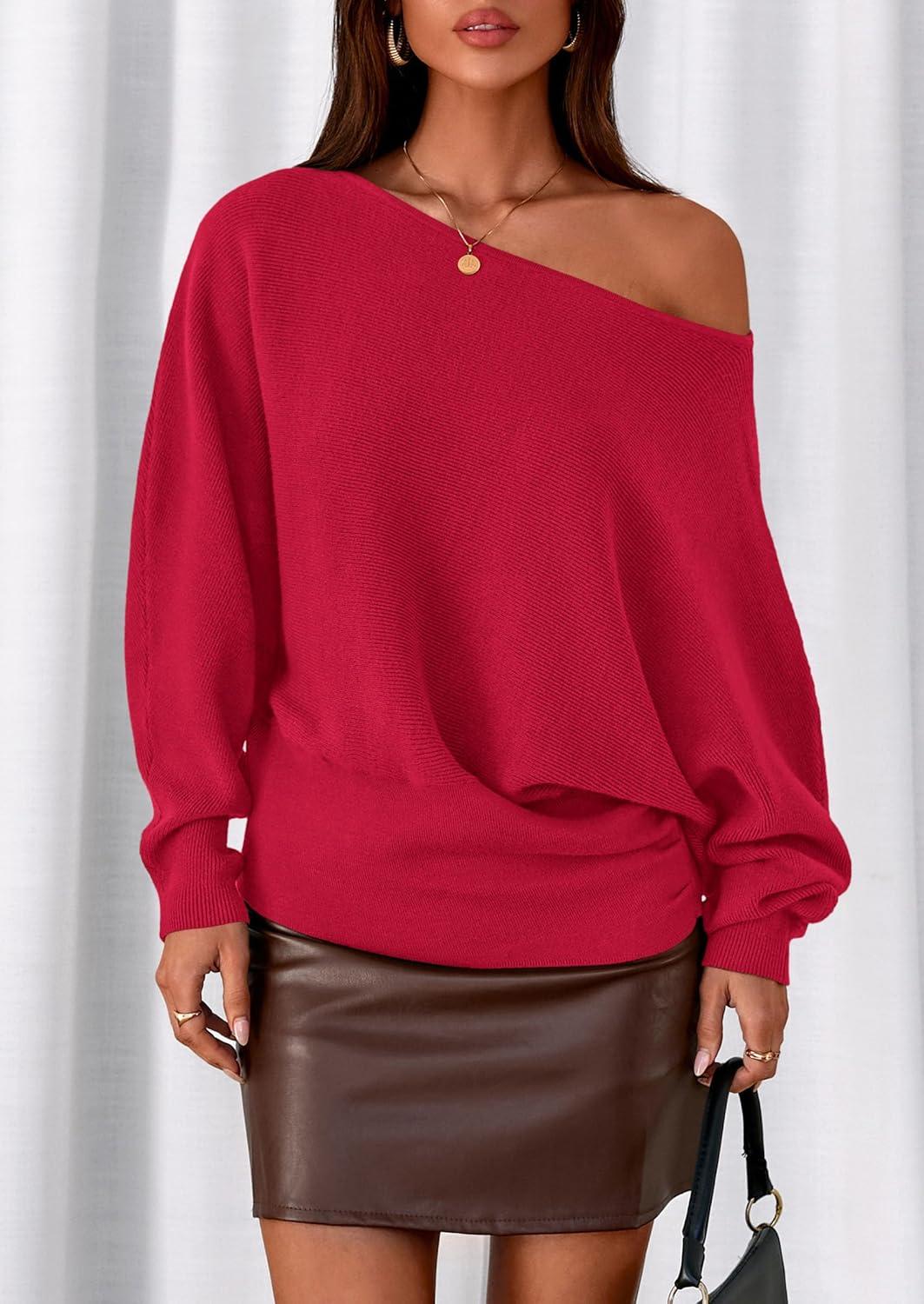 imagePRETTYGARDEN Women Off The Shoulder Sweater 2026 Fall Trendy Long Batwing Sleeve Knit Pullover Going Out Tops Winter ClothingRed