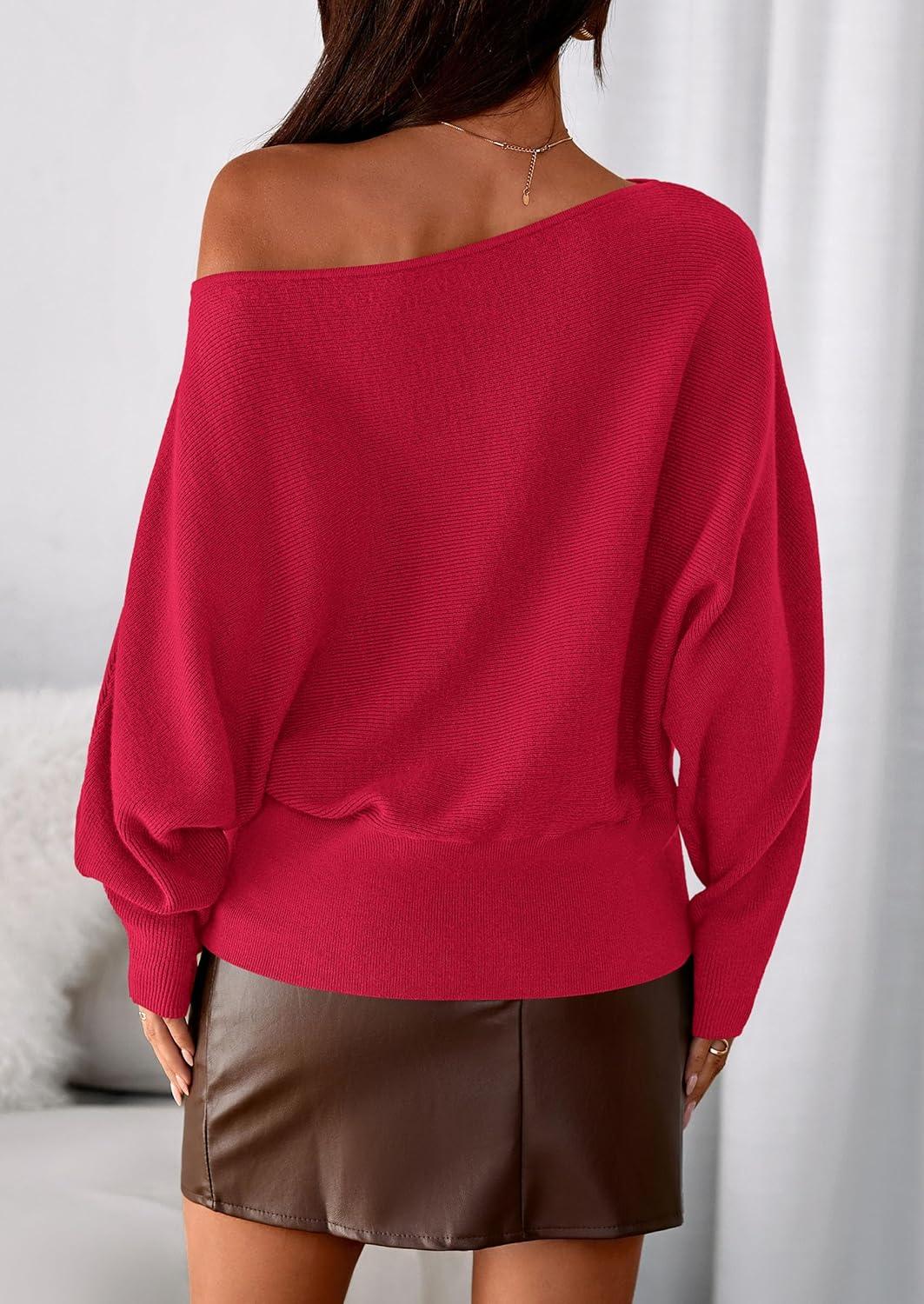 imagePRETTYGARDEN Women Off The Shoulder Sweater 2026 Fall Trendy Long Batwing Sleeve Knit Pullover Going Out Tops Winter ClothingRed