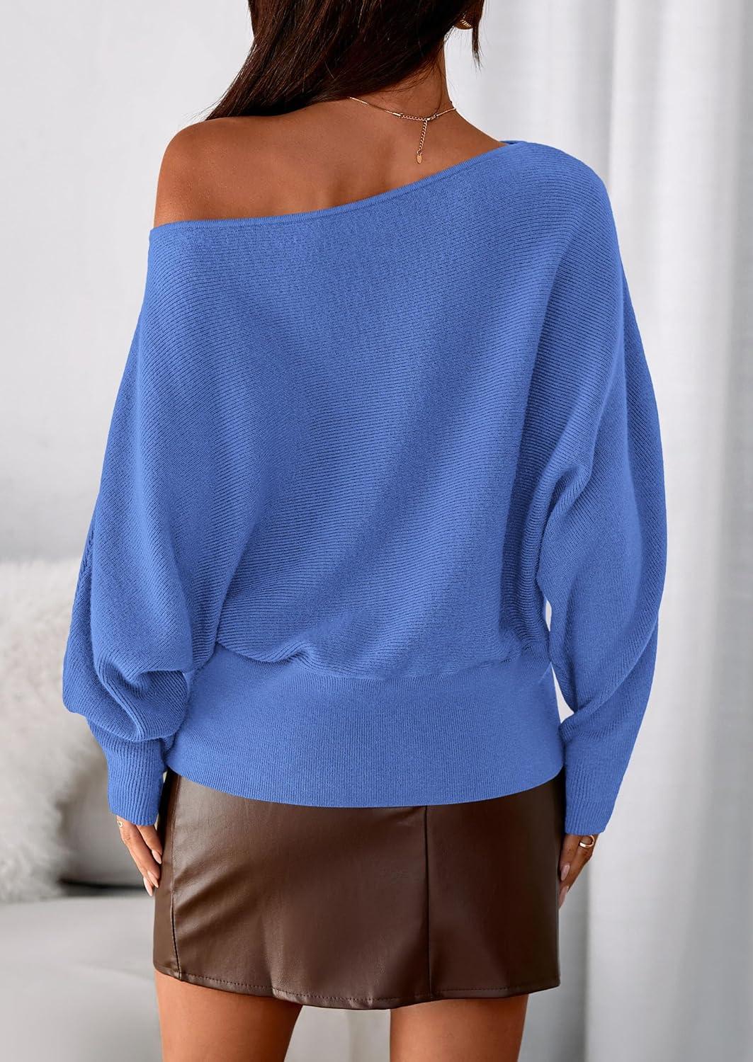 imagePRETTYGARDEN Women Off The Shoulder Sweater 2026 Fall Trendy Long Batwing Sleeve Knit Pullover Going Out Tops Winter ClothingSky Blue