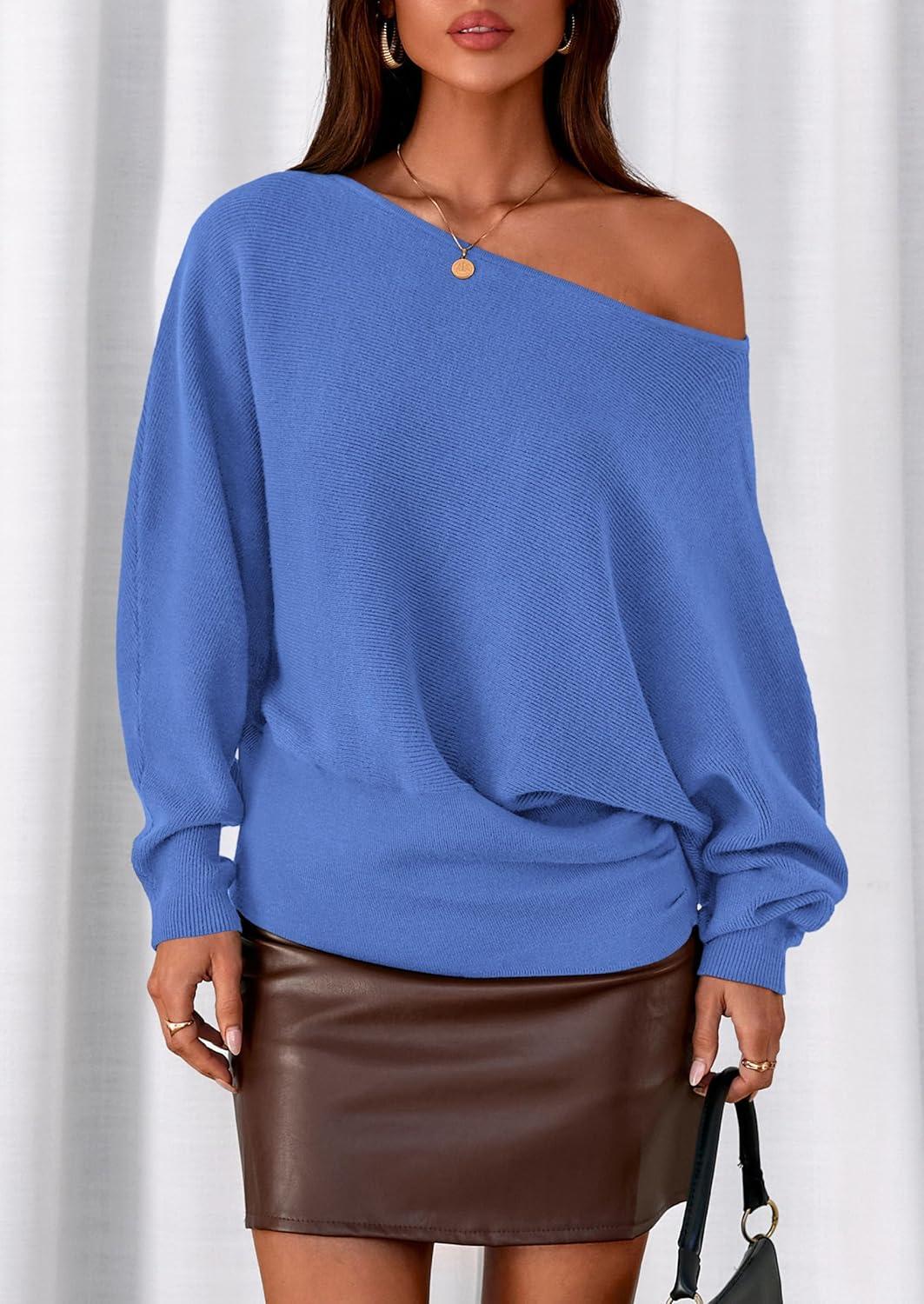 imagePRETTYGARDEN Women Off The Shoulder Sweater 2026 Fall Trendy Long Batwing Sleeve Knit Pullover Going Out Tops Winter ClothingSky Blue