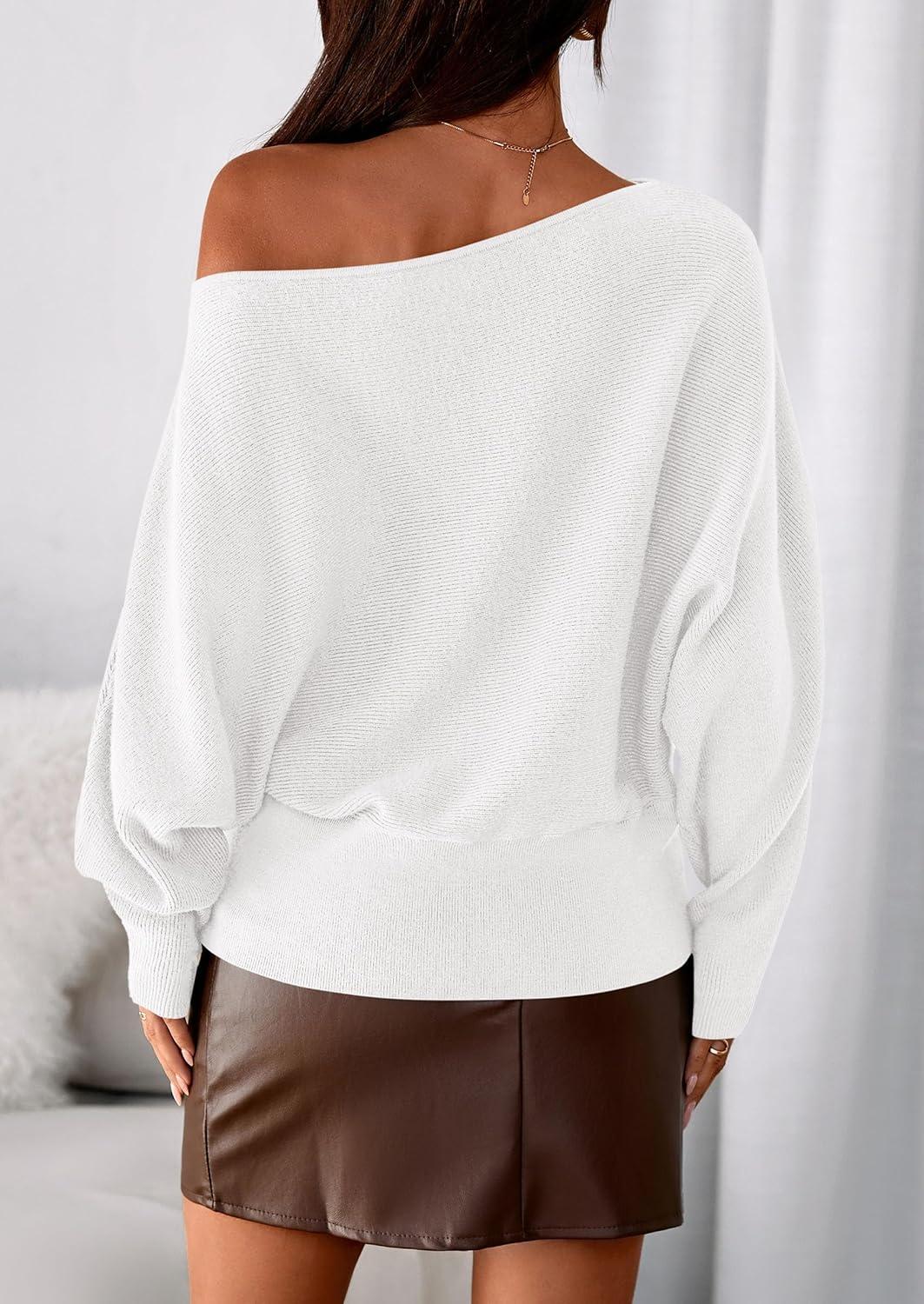 imagePRETTYGARDEN Women Off The Shoulder Sweater 2026 Fall Trendy Long Batwing Sleeve Knit Pullover Going Out Tops Winter ClothingWhite