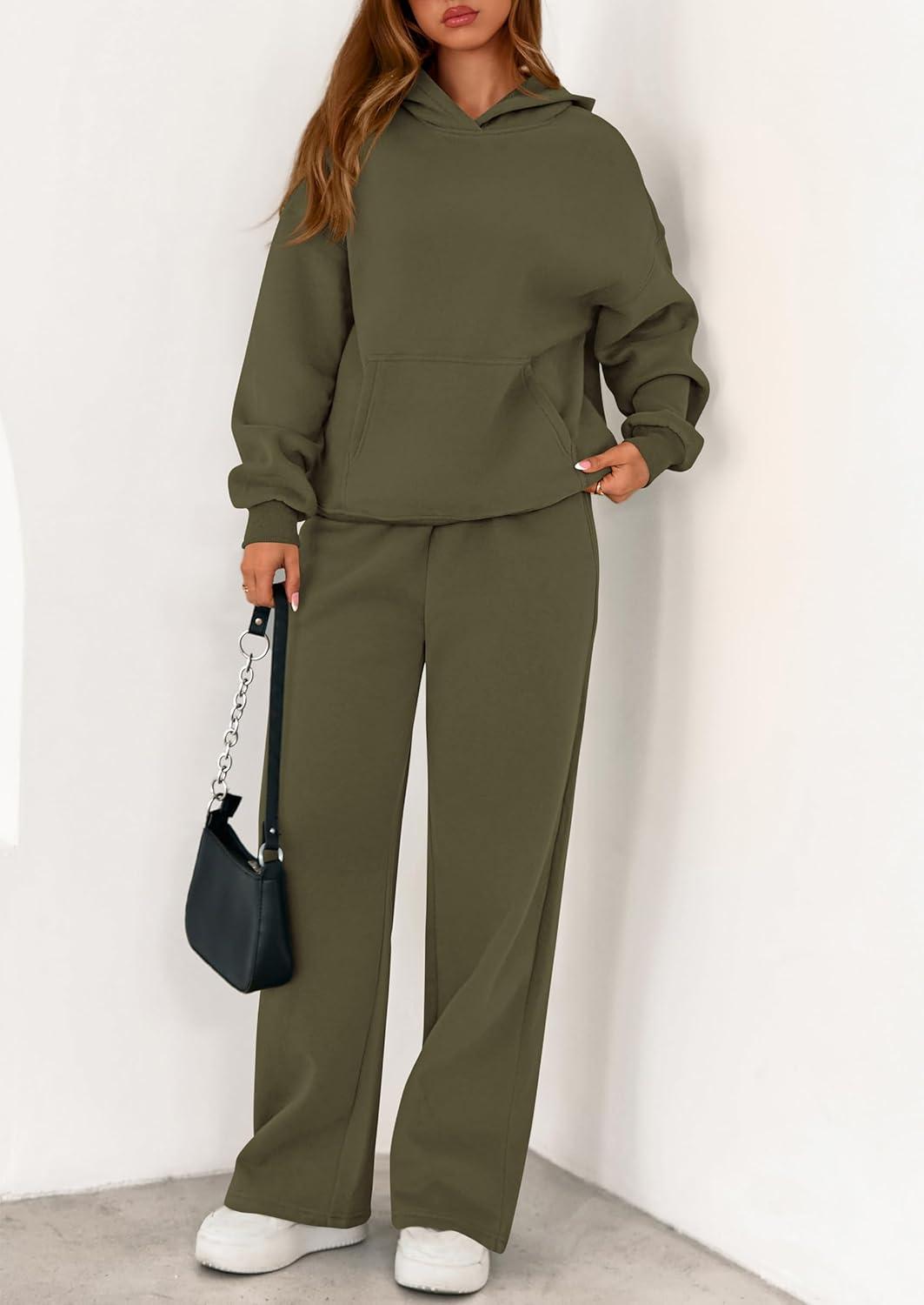 imagePRETTYGARDEN Womens 2 Piece Outfits Fall Sweatsuits Oversized Hoodies Wide Leg Sweatpants Tracksuits Lounge Matching SetsArmy Green