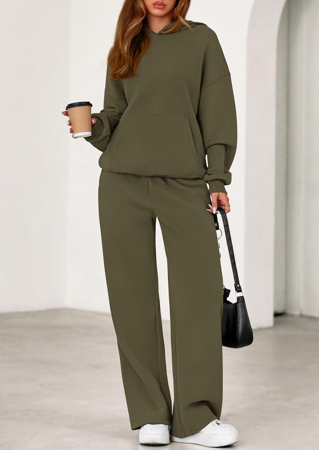 imagePRETTYGARDEN Womens 2 Piece Outfits Fall Sweatsuits Oversized Hoodies Wide Leg Sweatpants Tracksuits Lounge Matching SetsArmy Green