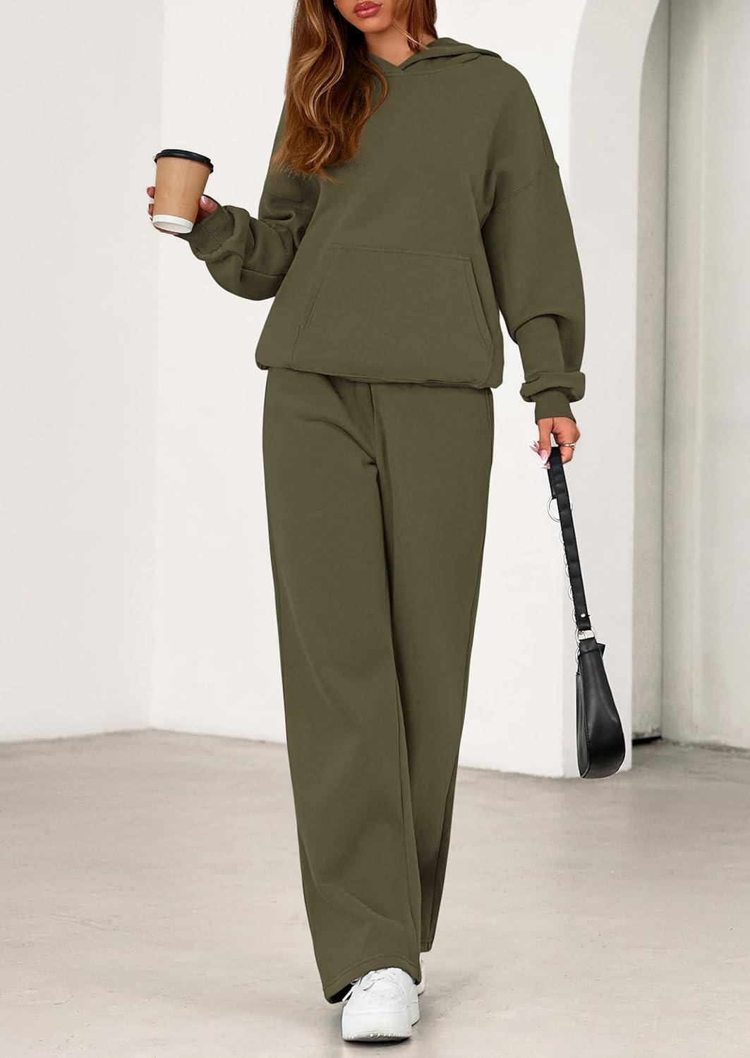 imagePRETTYGARDEN Womens 2 Piece Outfits Fall Sweatsuits Oversized Hoodies Wide Leg Sweatpants Tracksuits Lounge Matching SetsArmy Green