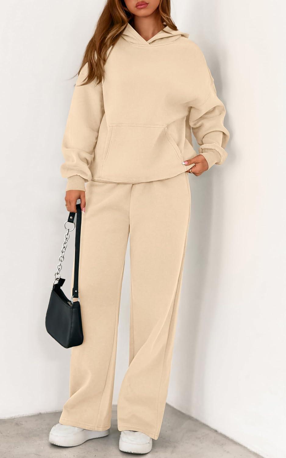 imagePRETTYGARDEN Womens 2 Piece Outfits Fall Sweatsuits Oversized Hoodies Wide Leg Sweatpants Tracksuits Lounge Matching SetsBeige