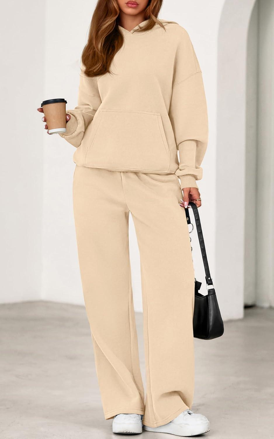 imagePRETTYGARDEN Womens 2 Piece Outfits Fall Sweatsuits Oversized Hoodies Wide Leg Sweatpants Tracksuits Lounge Matching SetsBeige