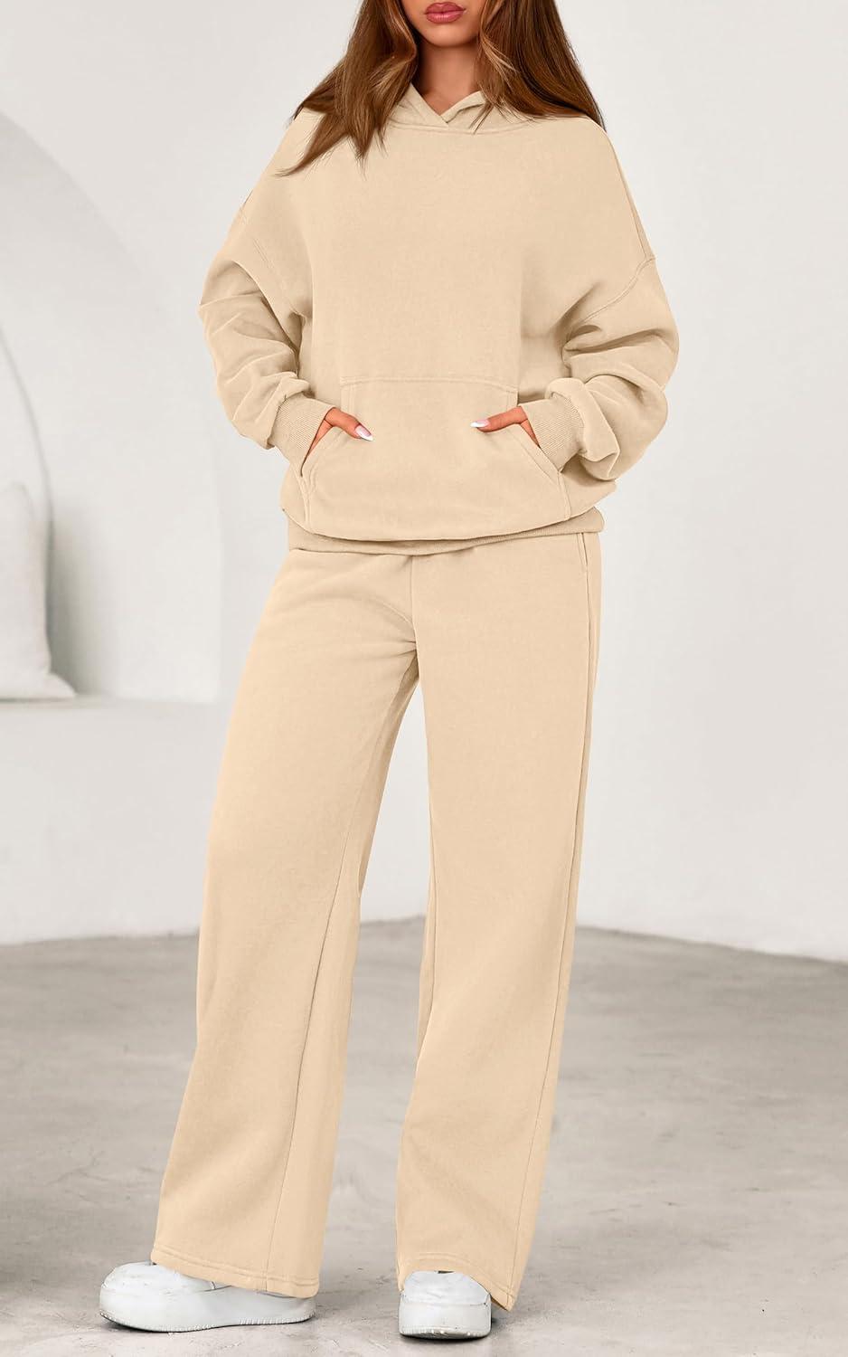 imagePRETTYGARDEN Womens 2 Piece Outfits Fall Sweatsuits Oversized Hoodies Wide Leg Sweatpants Tracksuits Lounge Matching SetsBeige