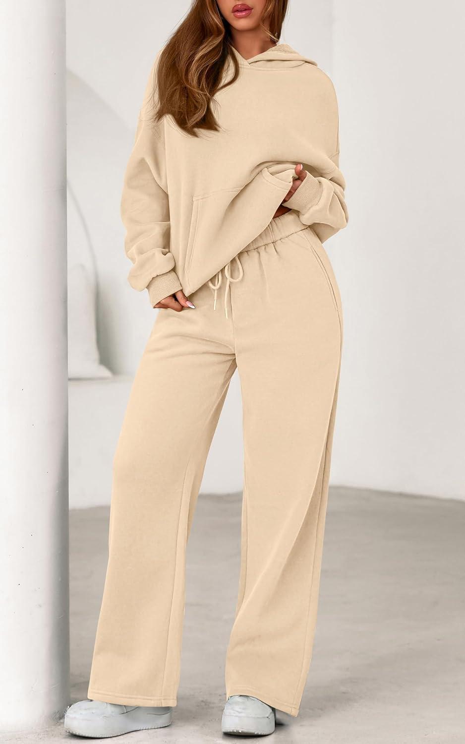 imagePRETTYGARDEN Womens 2 Piece Outfits Fall Sweatsuits Oversized Hoodies Wide Leg Sweatpants Tracksuits Lounge Matching SetsBeige