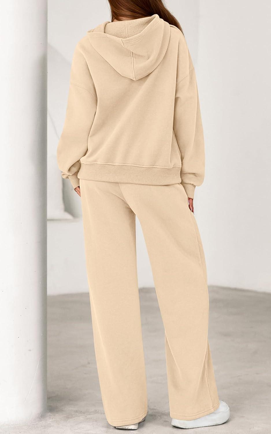 imagePRETTYGARDEN Womens 2 Piece Outfits Fall Sweatsuits Oversized Hoodies Wide Leg Sweatpants Tracksuits Lounge Matching SetsBeige