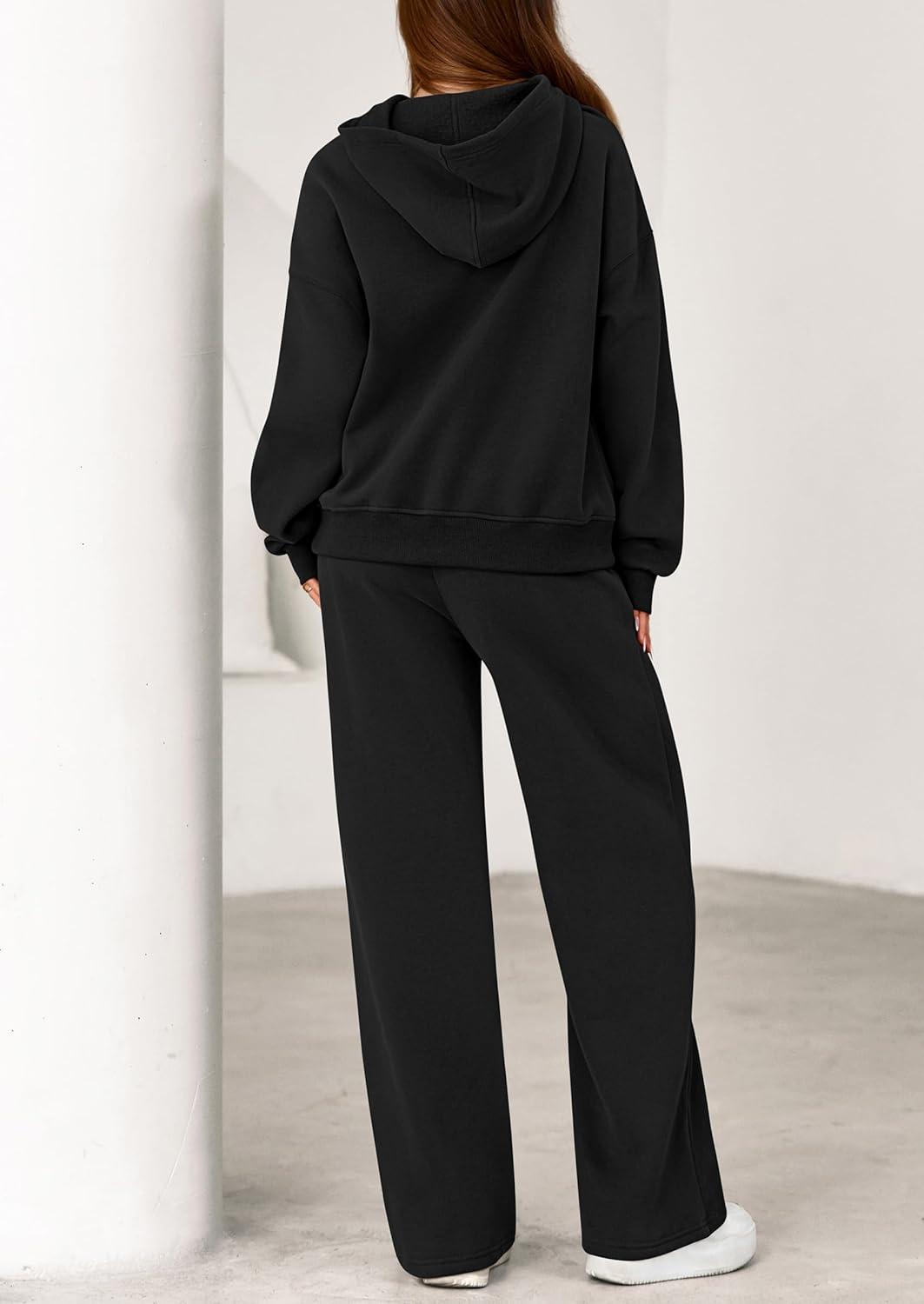 imagePRETTYGARDEN Womens 2 Piece Outfits Fall Sweatsuits Oversized Hoodies Wide Leg Sweatpants Tracksuits Lounge Matching SetsBlack